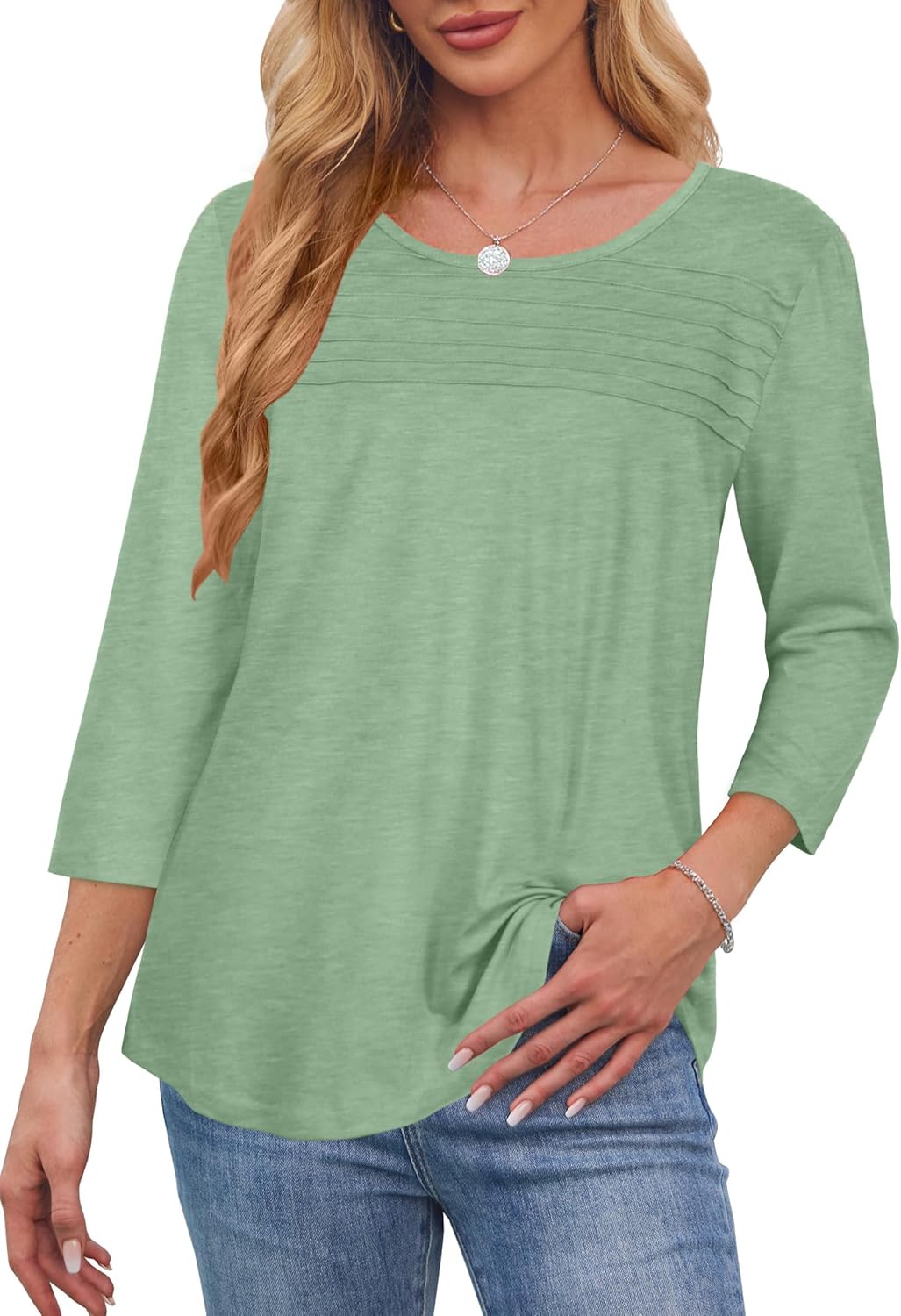 rosemia 3/4 Length Sleeve Womens Tops Crewneck Casual Tunic Dressy Pleated Front Loose Fit T Shirts - Image 5
