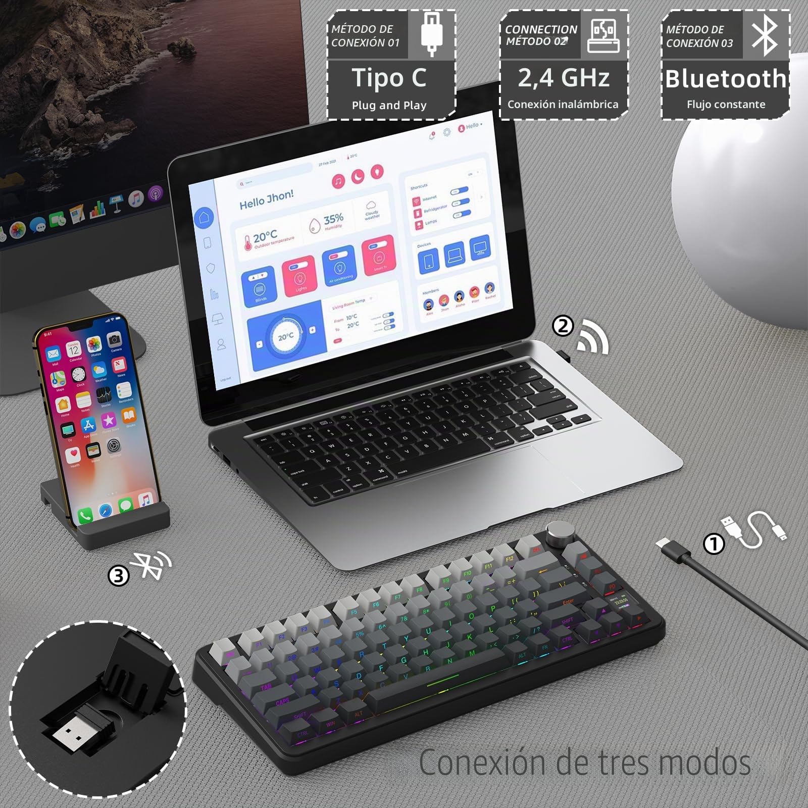 ATTACK SHARK X85PRO Teclado mecánico inalámbrico con Pantalla TFT y Perilla, Teclado para Juegos montado en Junta 75% QMK, 2.4G/BT/USB-C, Intercambiable en Caliente, 4000mAh, RGB (Notte di Luna)