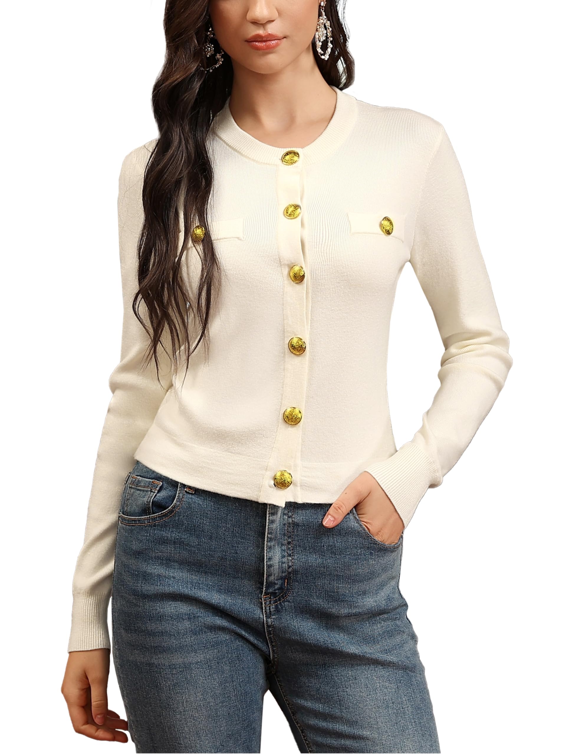 M Infisavo Womens Cropped Cardigan Sweater Shirts Fall Knit Button Down Jacket Open Front Crewneck Long Sleeve Outerwear