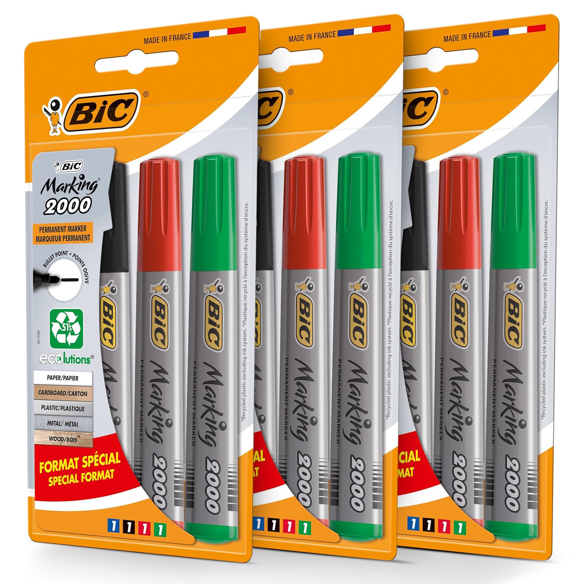 BIC 2000 Marking Bullet Tip Permanent Marker Bold Black Ink, Quick-Drying, Non-Toxic Fade & Water Resistant Durable for Office, School, Home and Industrial Use - Multipack (3)