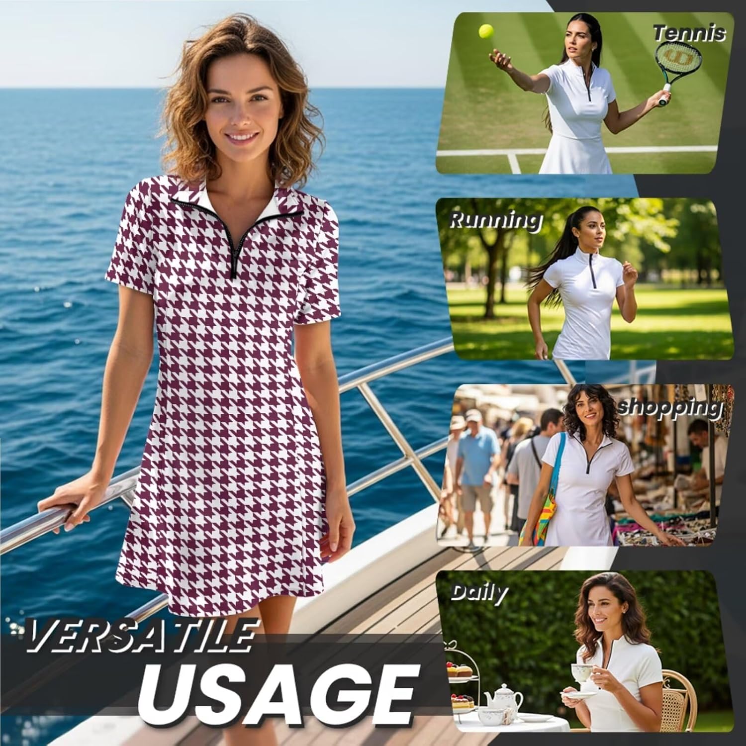 Women's Golf Dress with Built-in Shorts and Sun Visor Set, Half Zip Short Sleeve Tennis Dress Athletic with Pockets