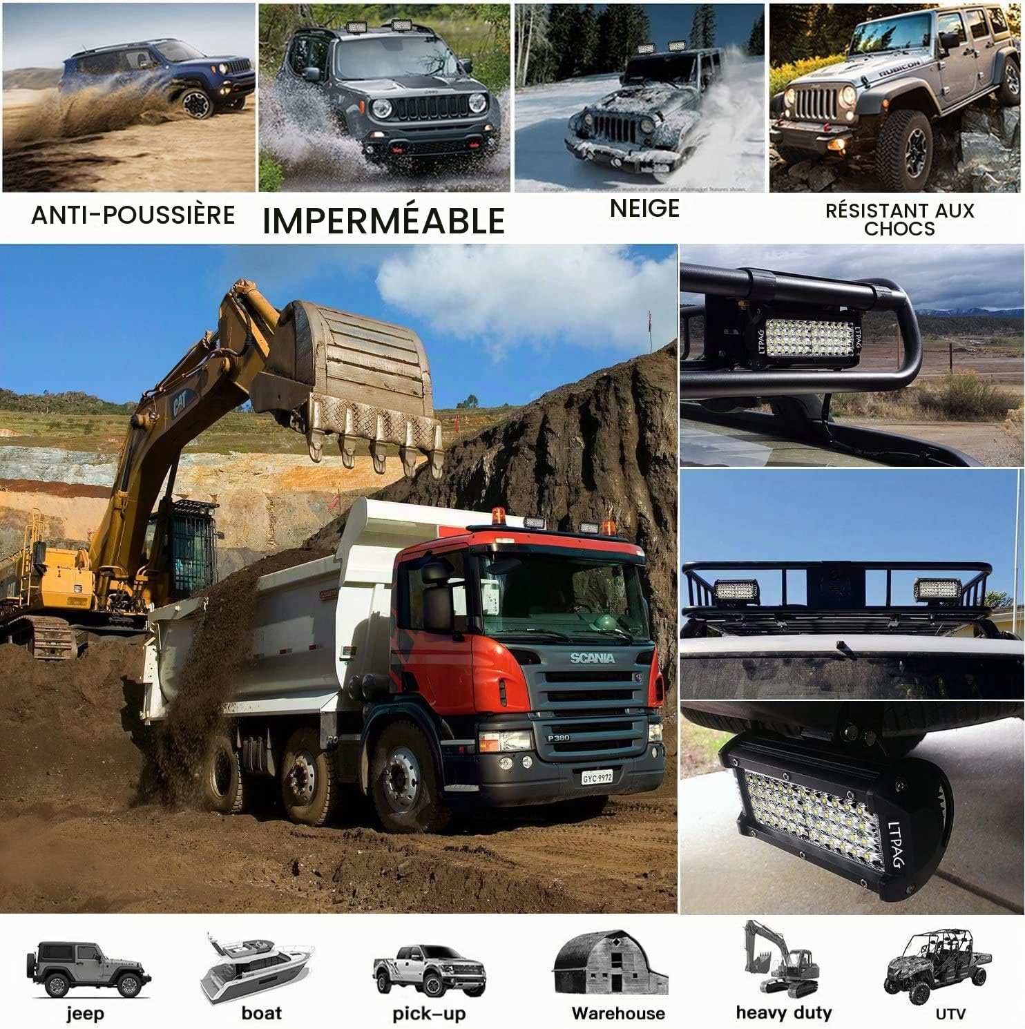 LTPAG Phare de Travail, 7'' 288W 28800lm Projecteur Phare, 96 LEDs Lumières de Travail à LED - avec Interrupteur Imperméable 12V 40A Kit de Câbles Feux de Brouillard Câblage Auto On-Off Interrupteur