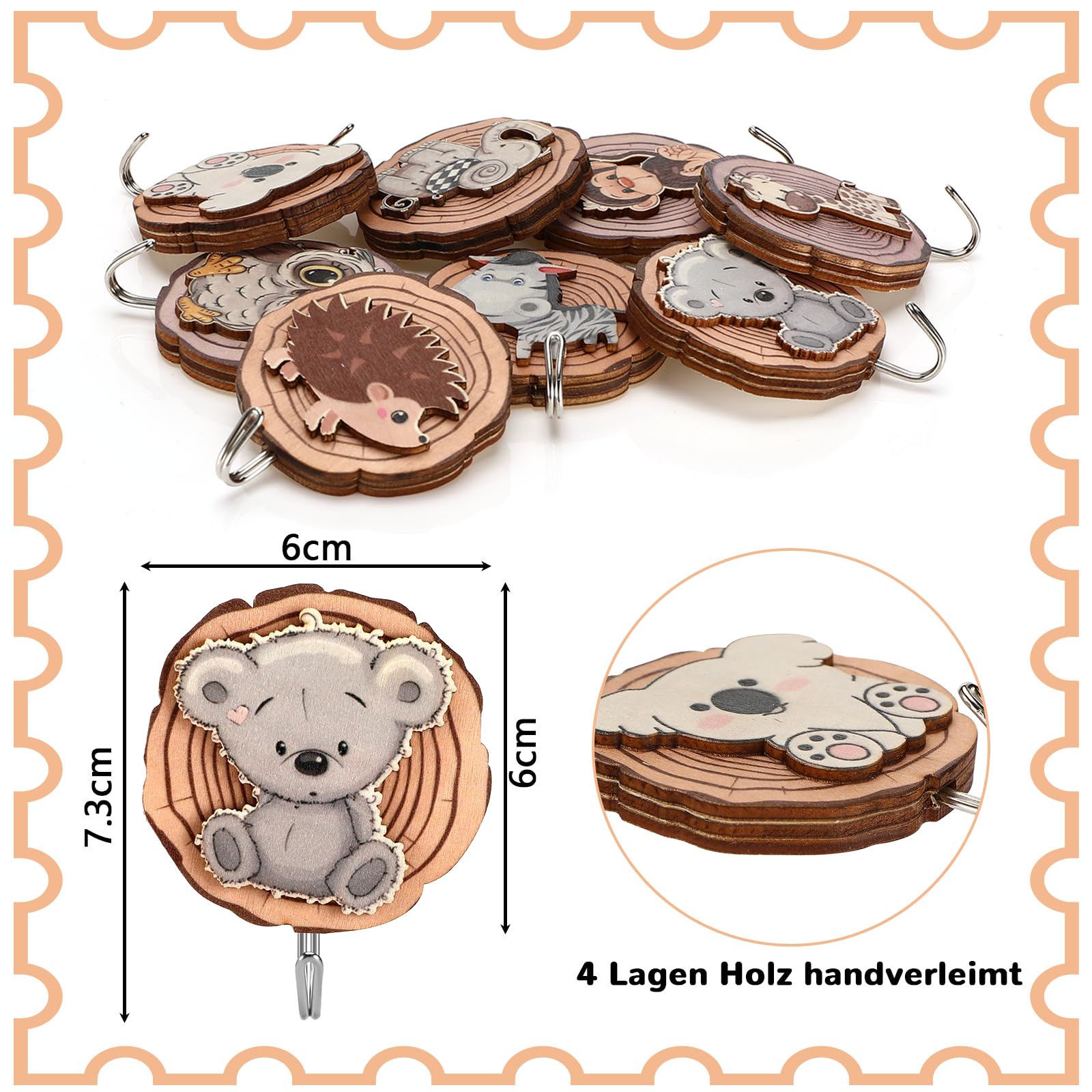 5 ganci appendiabiti in legno per bambini, a forma di animale, autoadesivi, da parete, per asciugamani, zaini, cappelli e cappotti (C