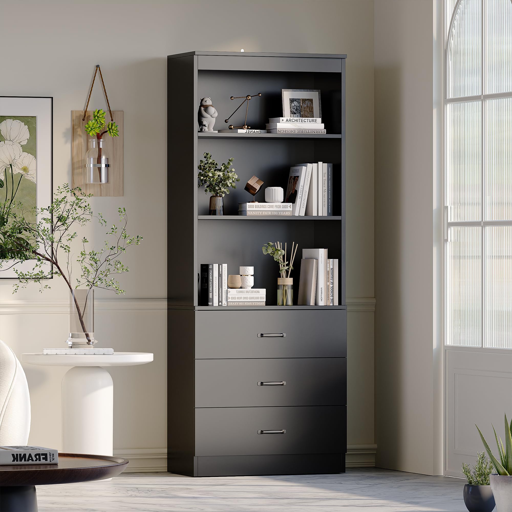 oneinmil 70" H 6-Tier Bookshelf with 3 Drawers, White Bookcase with 3-Tier Open Shelves, Tall Book Shelf with Storage Space, Wooden Storage Cabinet for Living Room, Bedroom, Office (Black, 6-Tier)