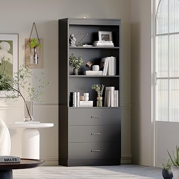 oneinmil 70" H 6-Tier Bookshelf with 3 Drawers, White Bookcase with 3-Tier Open Shelves, Tall Book Shelf with Storage Space, Wooden Storage Cabinet for Living Room, Bedroom, Office Black, 6-Tier