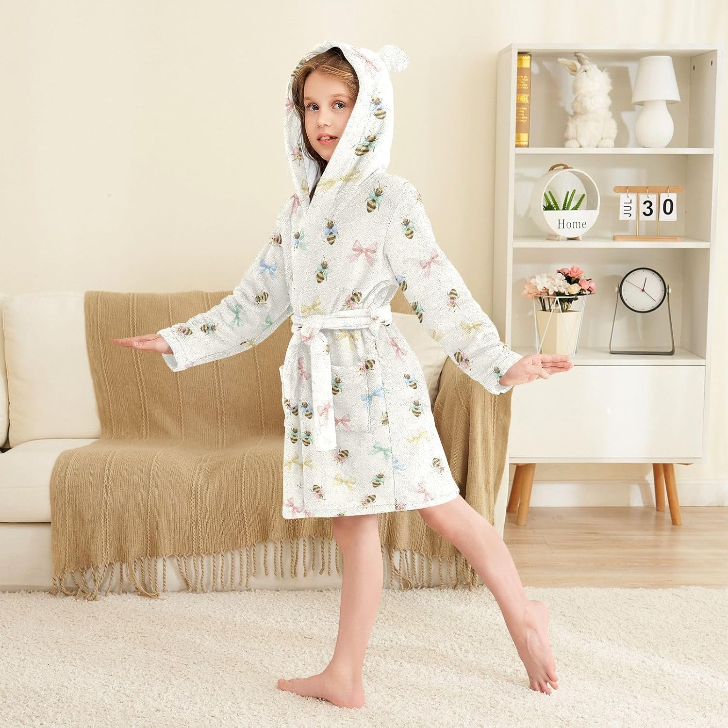 Bee Colorful Bow Pattern Toddler Hooded Bathrobe for Boys Girls Soft Plush Bath Towel Robe 2-12 Years