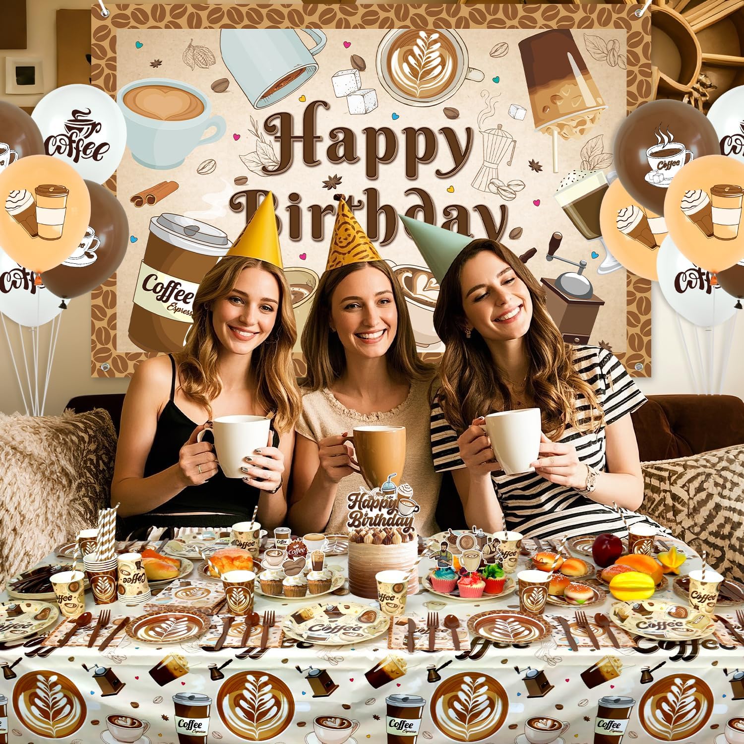 Coffee Birthday Decorations, Coffee Party Decoration, Plates Cups Napkins Tablecloth Happy Birthday Backdrop Balloon Cake Toppers for Coffee Themed Party Supplies, Serves 20