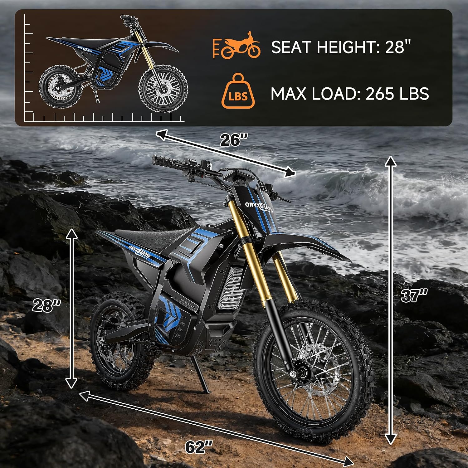 Oryxearth Electric Dirt Bike VE-5, 3000W Peak Motor, 40 MPH Max, 3-Speed Modes for Teens & Adults, 48V UL-Certified Battery, Dual Disc Brakes, Front & Rear Suspension, Off-Road Electric Motorcycle
