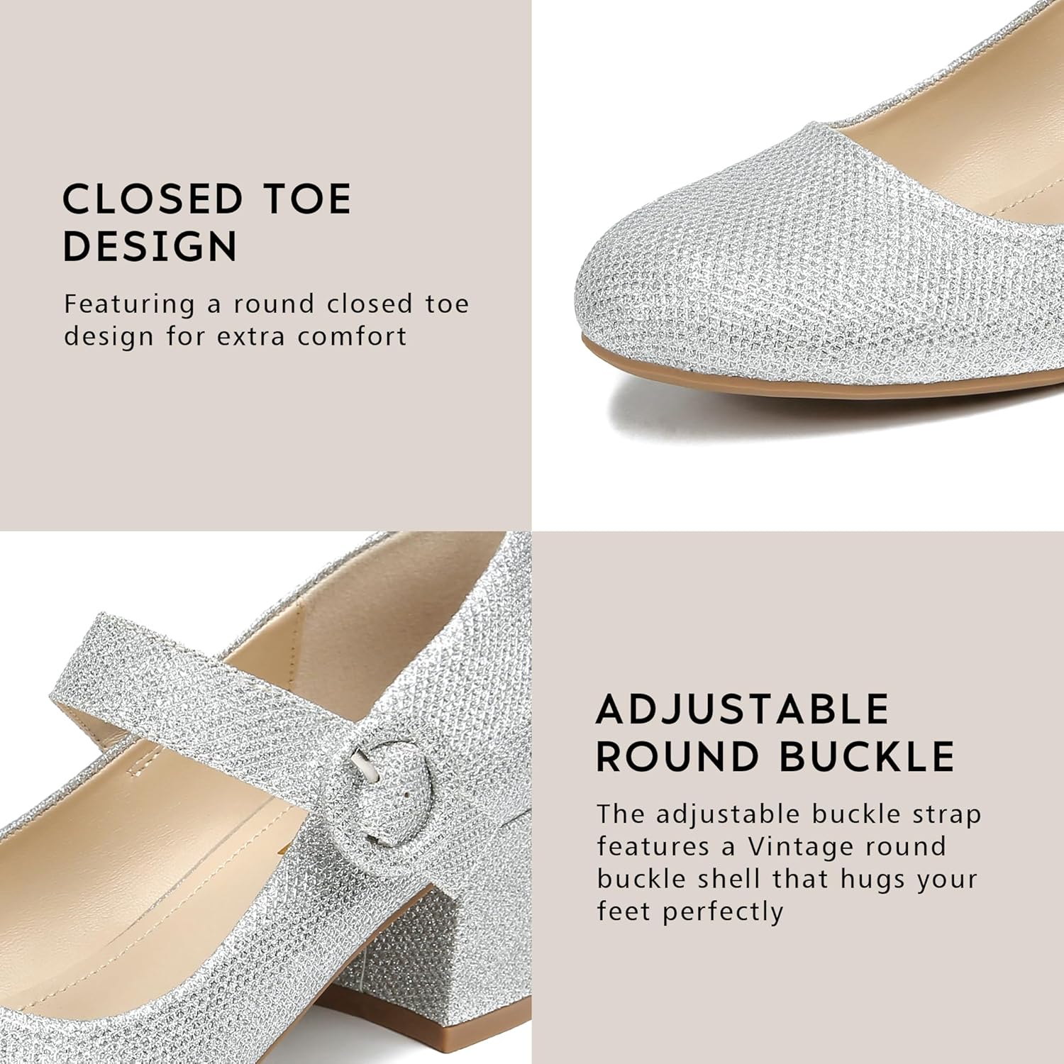 Mary Janes for Women Silver Chunky Heel Ankle Strap Womens Dress Shoes Close Rounded Toe Dress Shoes for Women Low Mary Heels Pumps Size 7.5 Glitter - Image 5