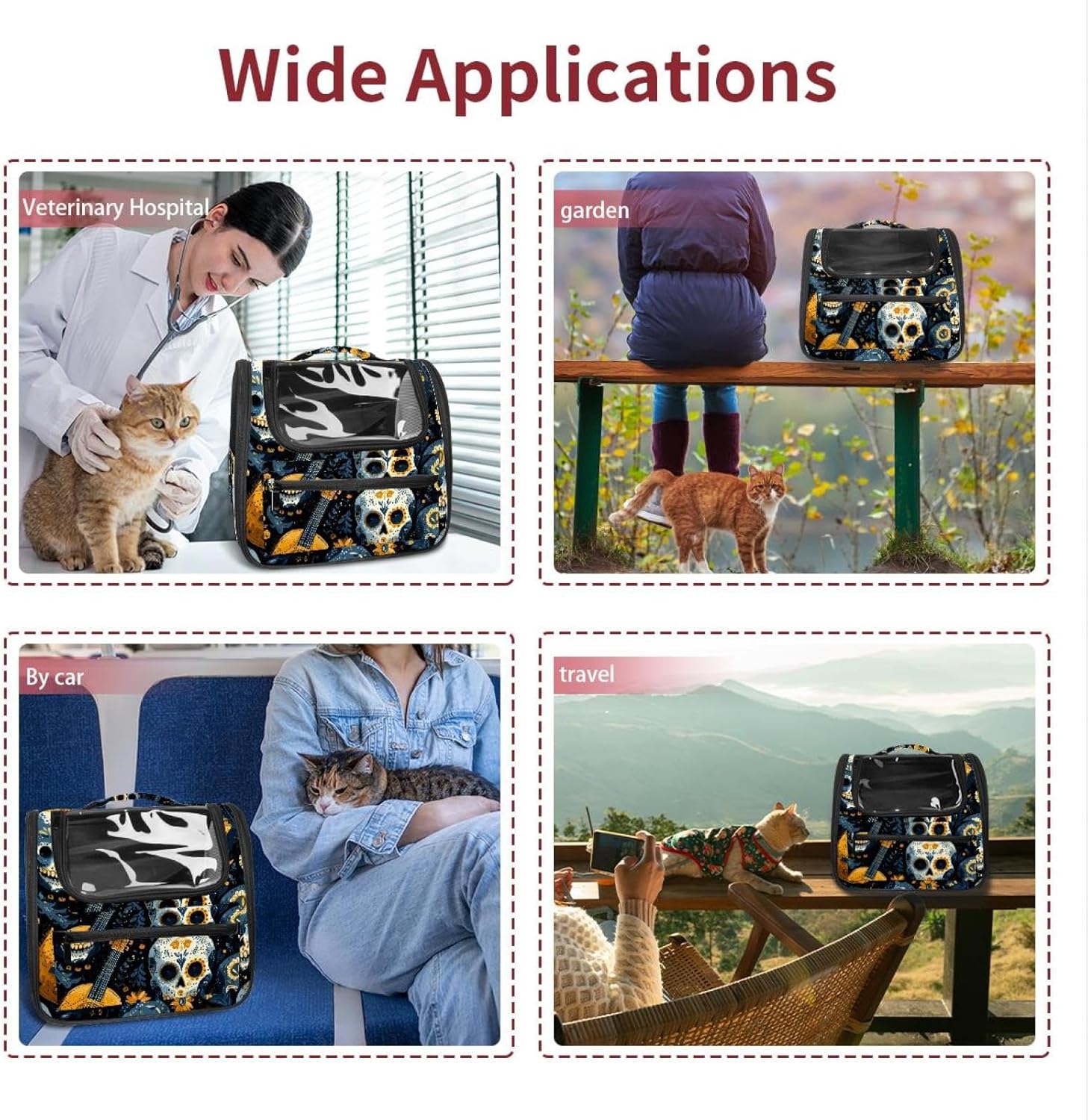 Dia de Los Muertos Skulls and Guitar Cat Carriers Dog Carrier Pet Carrier with Locking Safety Zippers for Cats, Kitties, Puppies and Small Dogs