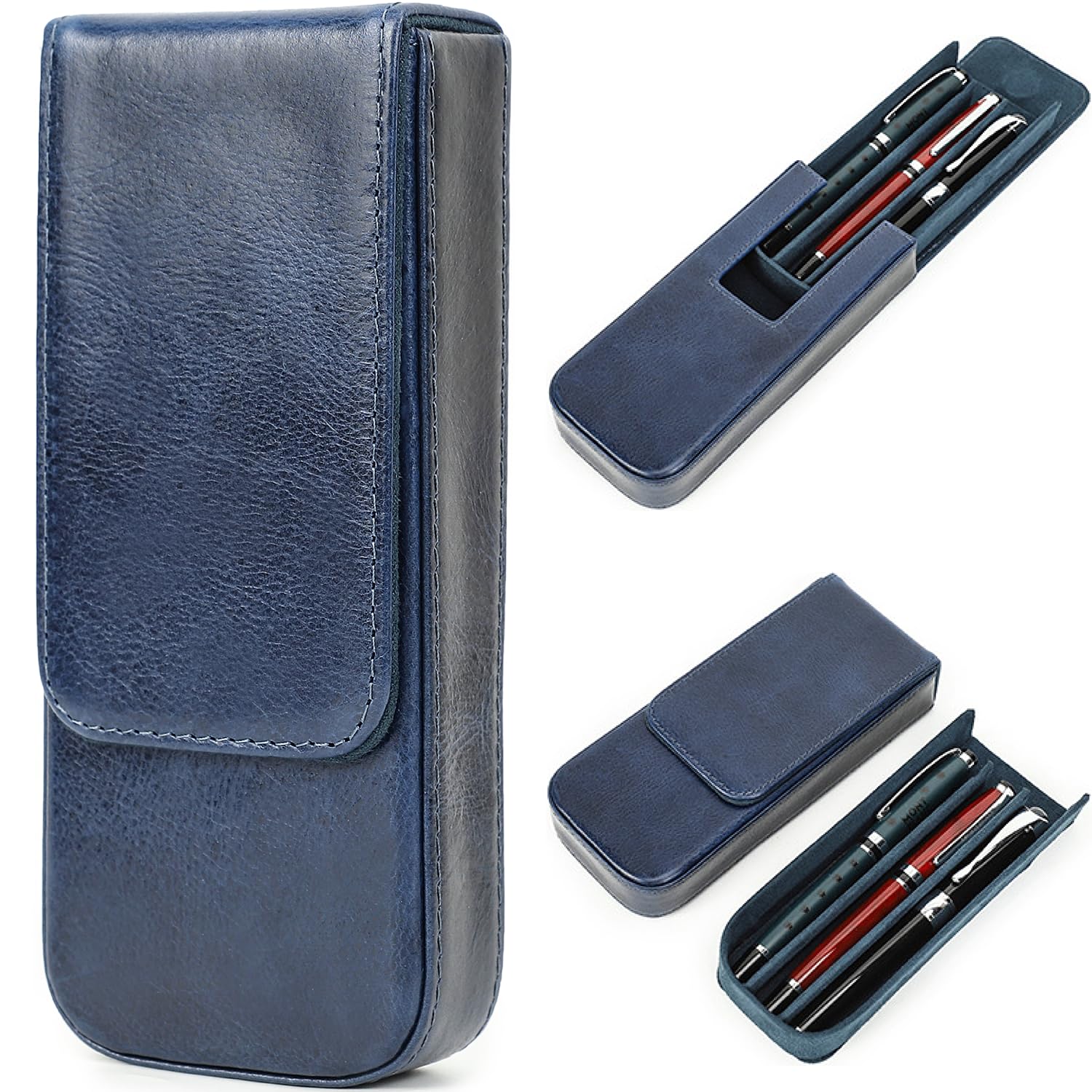 CataPurus Top Grain Genuine Leather 3 Fountain Pen/Pencil Tray Case Holder, Solid Fashion Design, Handmade, Magnetic Closing with Drawer Design, Gift Choice for Man/Woman/Office, Glossy Blue, 3 Slots — image 1