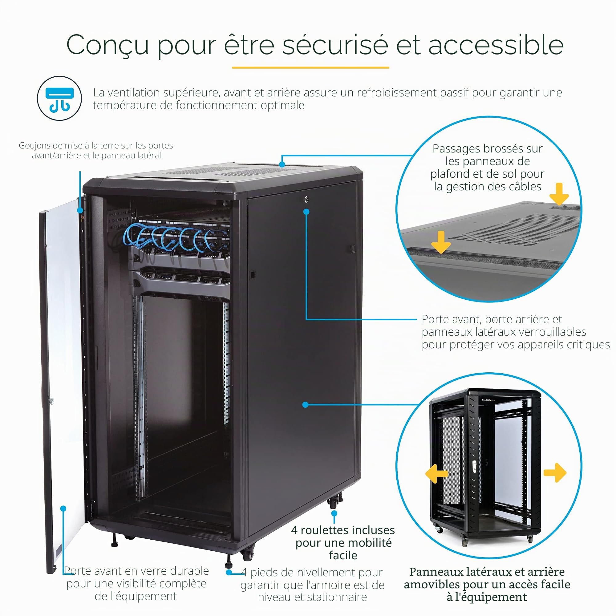 StarTech Armoire Serveur 32U 4 Montants 19", Prof 83cm, 800kg (RK3236BKF) | Rack fermé, Coffret informatique, Compatible EIA/ECA-310-E, Roulettes incluses