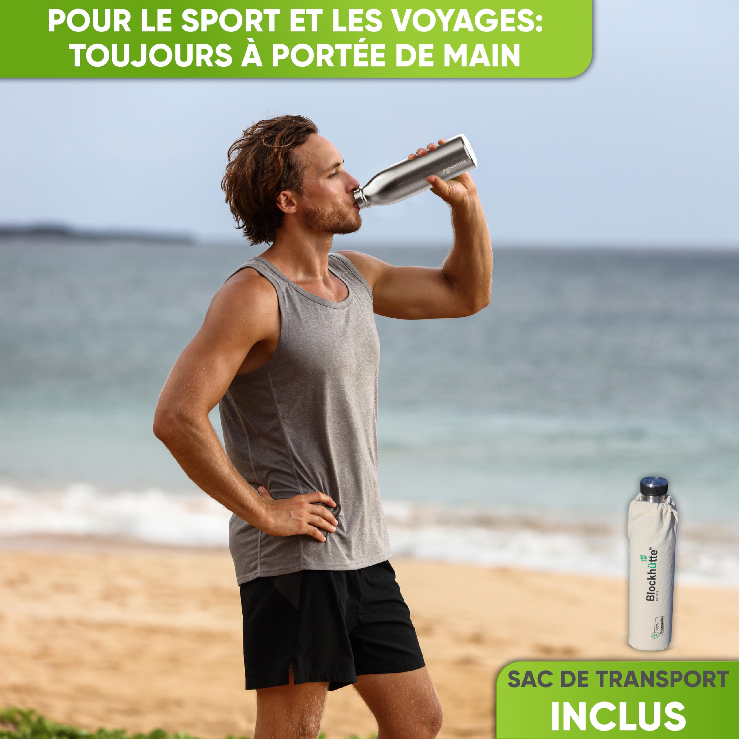 Blockhütte Gourde Personnalisable en Acier Inox I Gourde 1L I Bouteille Isotherme 1l pour le Fitness I Bouteille Sport Sans BPA et Étanche – Water Bottle pour Sport, Randonnée, Gym