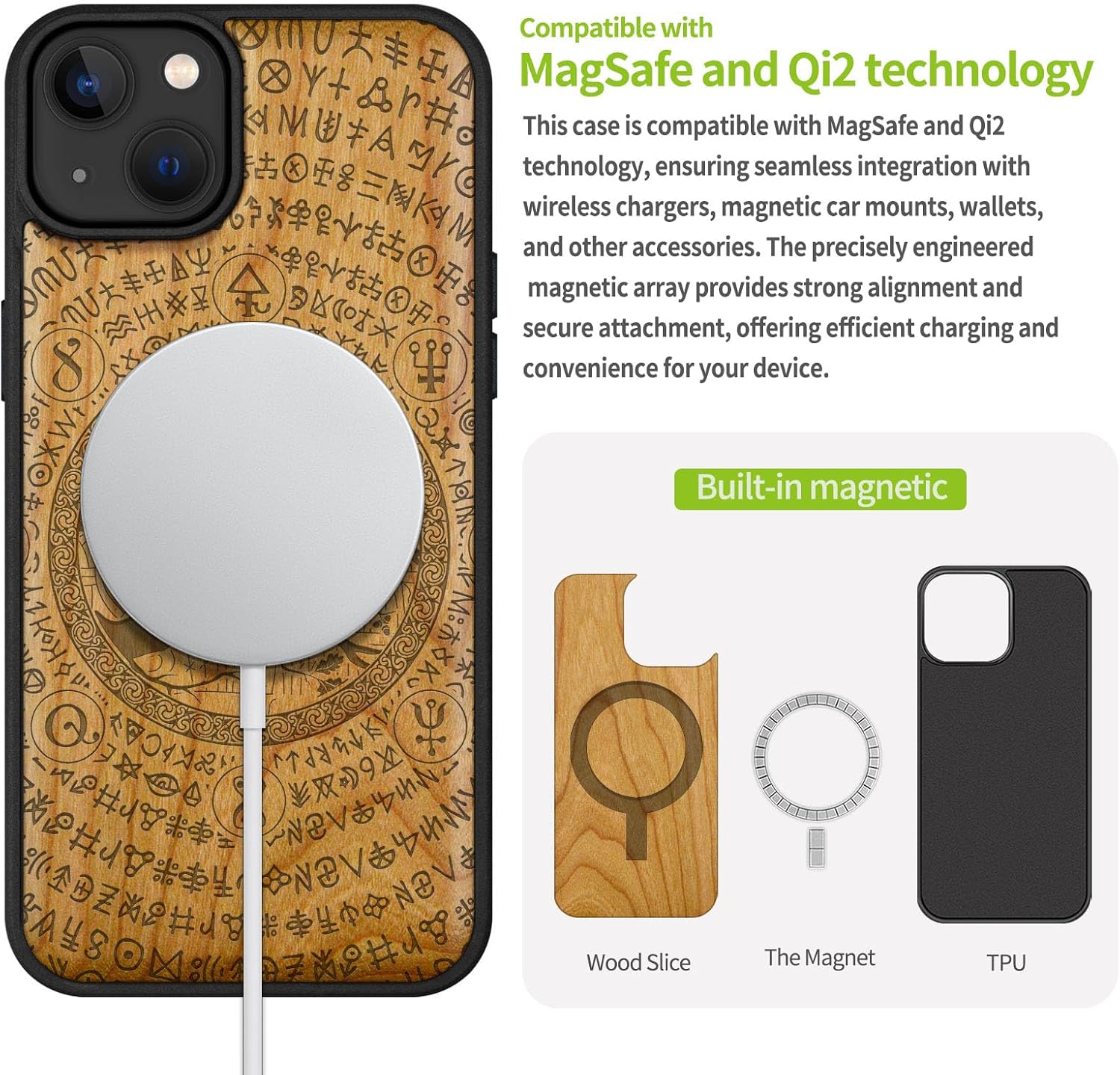 Carveit Magnetic Wood Case for iPhone 14 Plus - Natural Wood & Black Soft TPU - Shockproof Protective Cover - Unique & Classy Wooden Case - Compatible with MagSafe (Runic Raven Wisdom -Cherry)