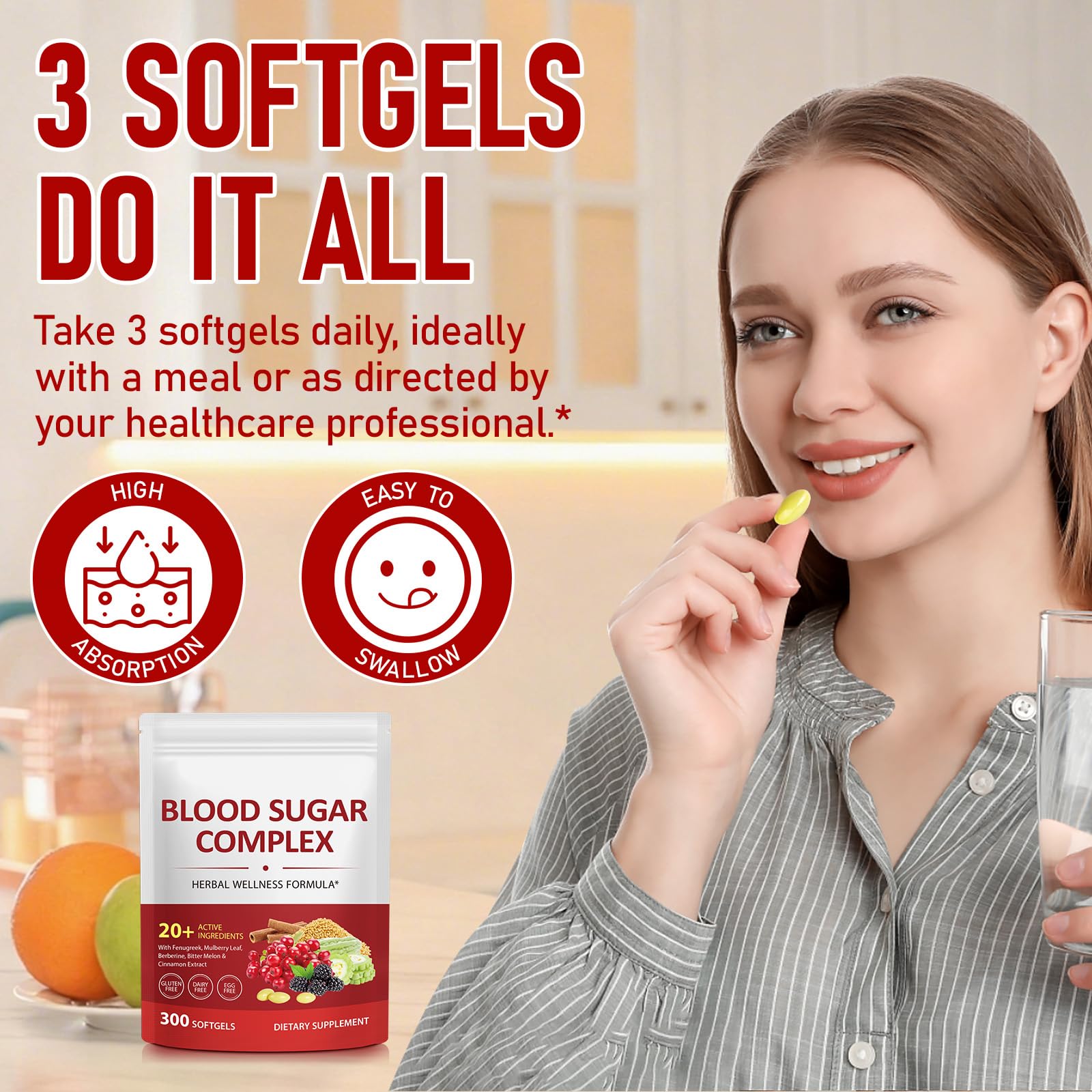 300 Softgels Blood Sugar Complex Supplement | 20+ Active Herbs-Berberine, Cinnamon, Bitter Melon, Mulberry Leaf, Fenugreek, Vitamins for Energy Level, Vitality Support | Clean Formula — Amazon image 6