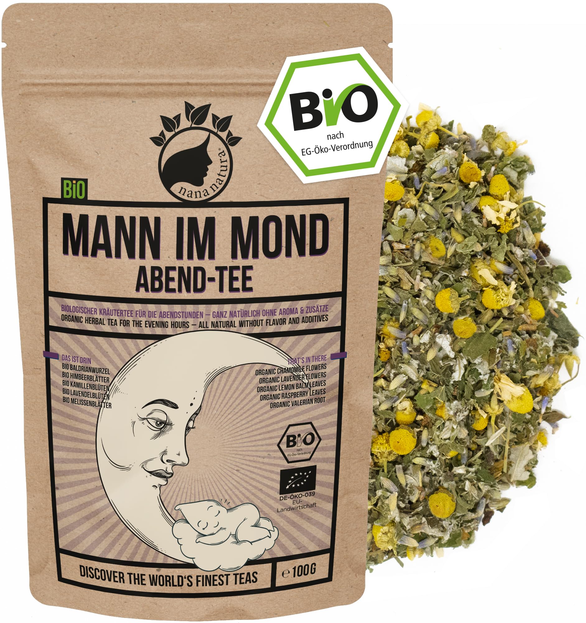 NanaNatura's BIO Abendtee MANN IM MOND 100g | Loser Kräuter-Tee mit Baldrian, Lavendel, Melisse, Kamille & Himbeerblättern für Entspannung & Auszeit am Abend | 100% natürlich + zuckerfrei