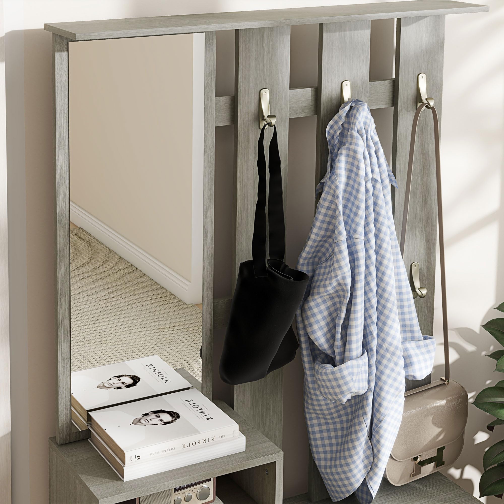 HOMCOM Set 4 in 1 Mobili da Ingresso con Appendiabiti, Specchio, Panca con Scaffale e Scarpiera per 8 Paia di Scarpe, Grigio