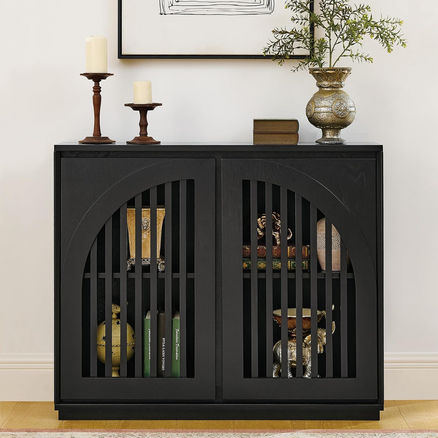 LKTART Arch Doors Sideboard Buffet Storage Cabinet,Mid Century Modern Storage Cabinet with Shelves,Wood Coffee Bar for Living Room, Kitchen, Hallway-Black
