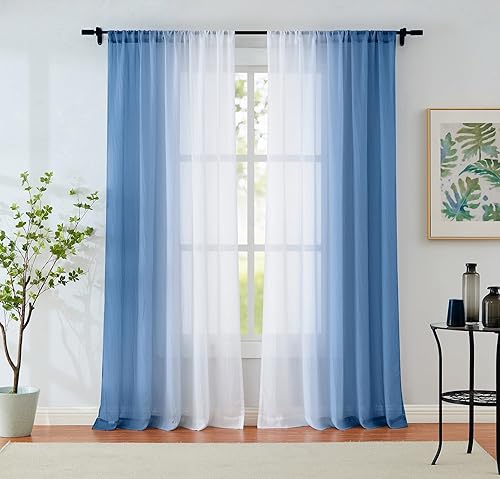 Paneles de cortina de gasa transparente color azul degradado de 63 pulgadas de largo, cortinas traslúcidas de gasa arrugada para sala de estar,