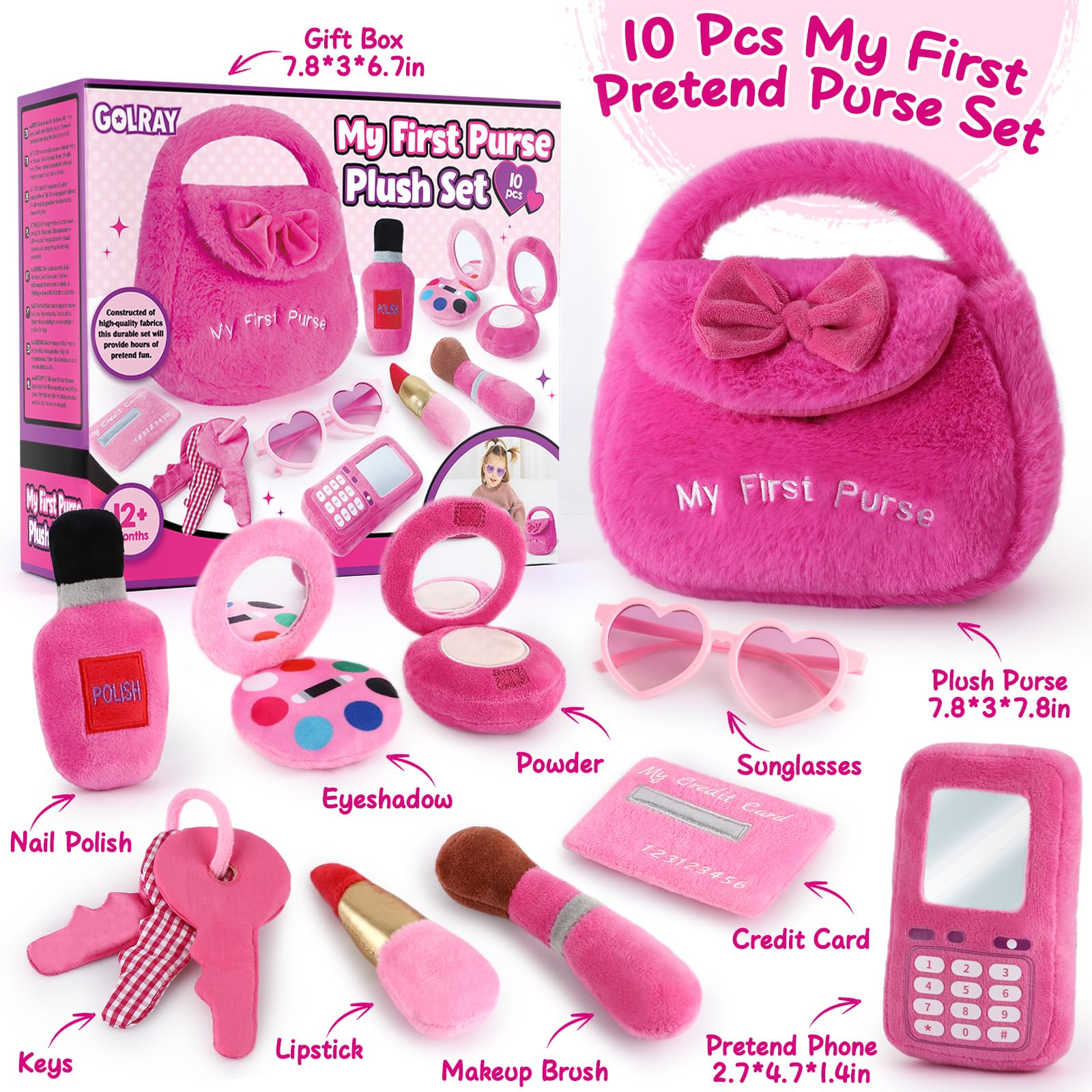 Bolso de peluche para bebé niña, juguete de simulación de 10 piezas, mi primer bolso con juguete sensorial suave, teléfono inteligente/maquillaje arrugado, juego de belleza para bebé, niña, 6