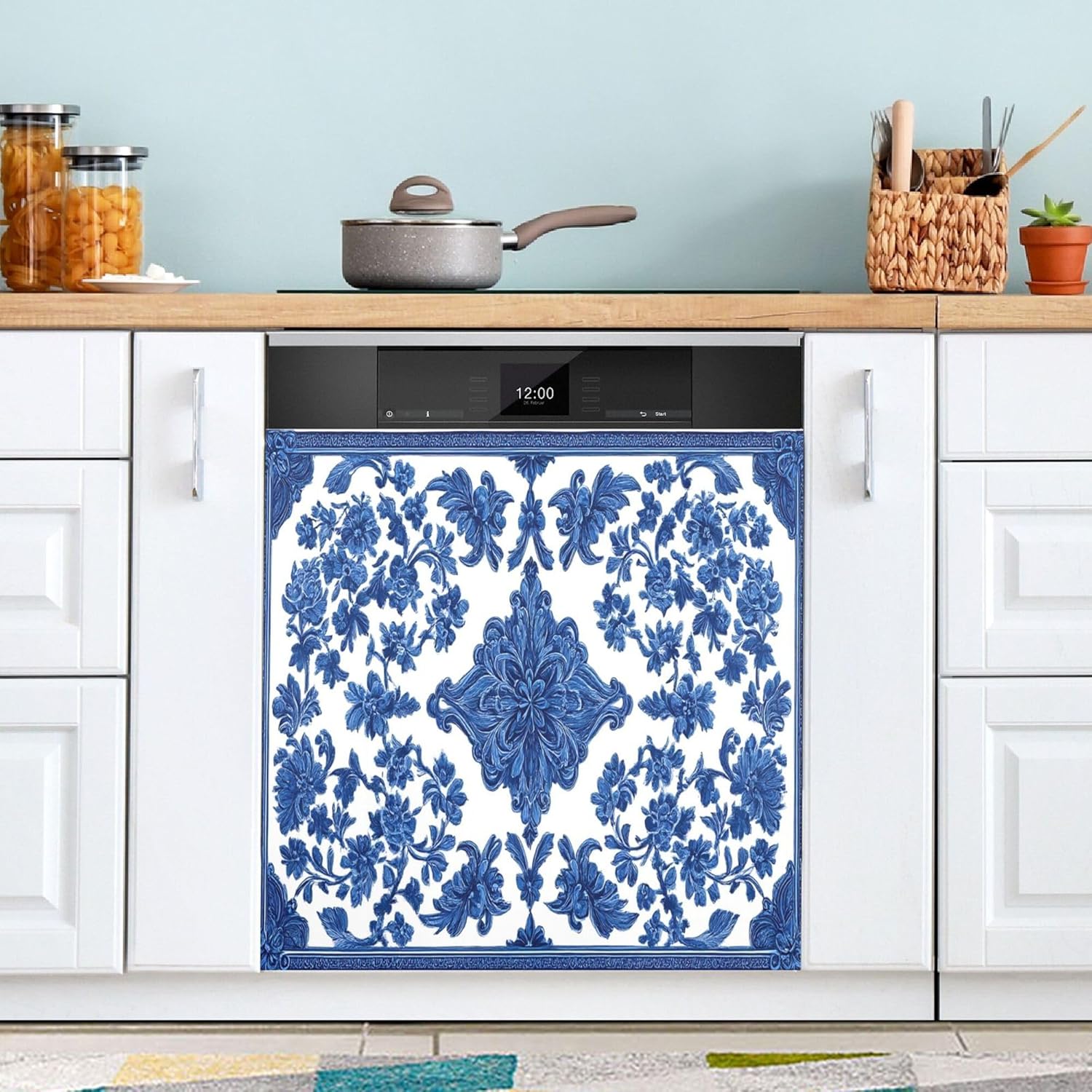 Blue White Porcelain Dishwasher Stickers Magnetic Cover Floral Leaves Kitchen Fridge Magnet Covers Decals Home Decorations Vinyl Sticker Reusable 23W x 26H inches