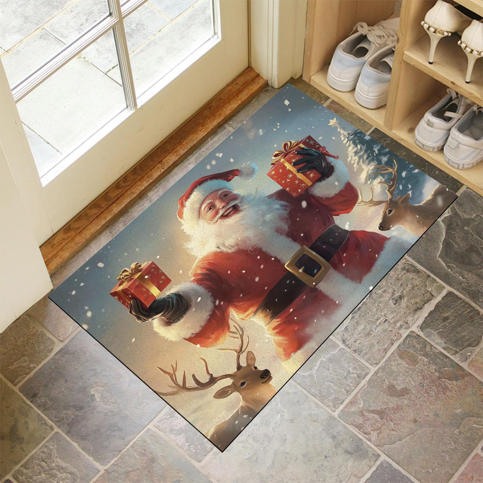 Felpudo De Navidad, Alfombra Papá Noel Retro para Entrada Casa 80X120Cm, Alfombra De Puerta De Entrada, Felpudos Lavables Patrón De Renos De Invierno Azul Grisáceo, Decorativo Casa