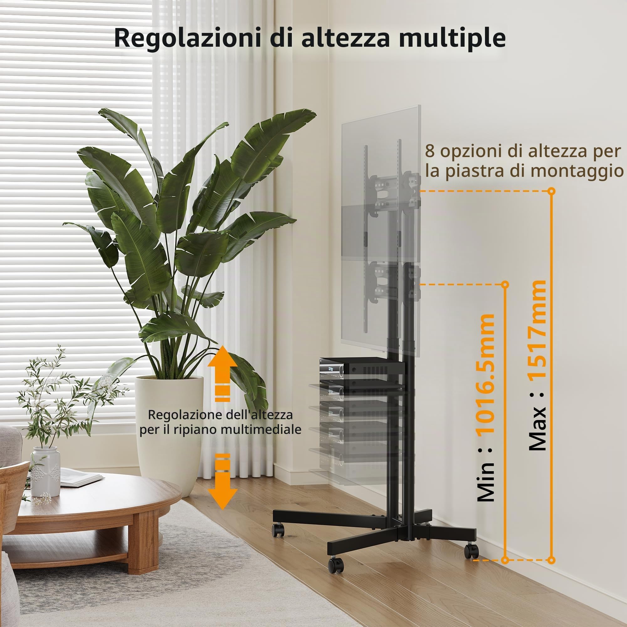 BONTEC Supporto TV da Pavimento con Ruote per TV LCD LED OLED da 32-85 Pollici, Ripiano Regolabile in Altezza, Max VESA 600x400mm, Capacità 55kg, Carrello Porta TV con Sistema di Gestione dei Cavi