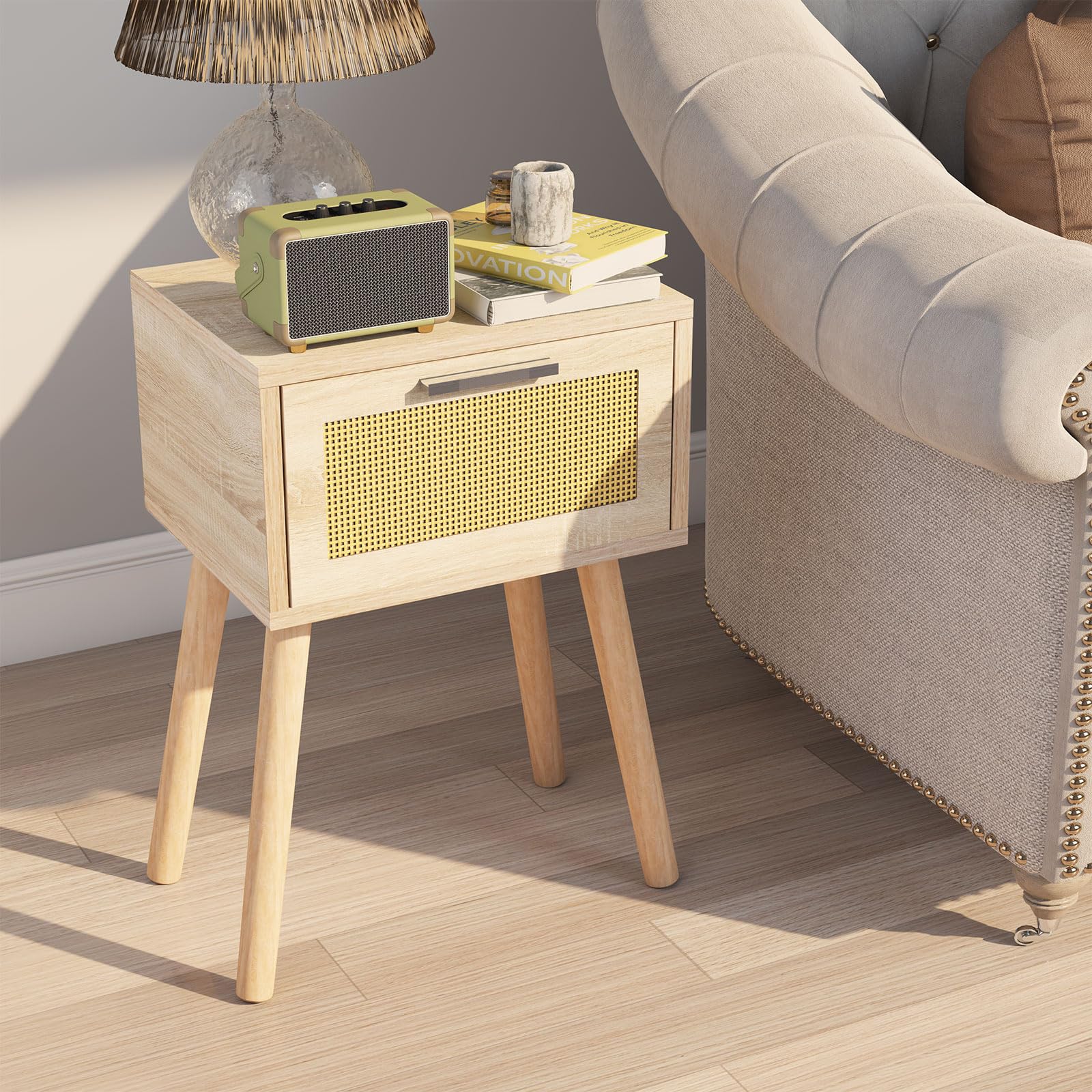 YMYNY Lot de 2 Tables de Chevet, Table D'appoint avec Rangement, Pieds en Bois, Décorés à La Main en Rotin, Tiroir Magnétique, 35x27x53 cm, pour Chambre à Coucher, Salon, Naturel HST010N-2