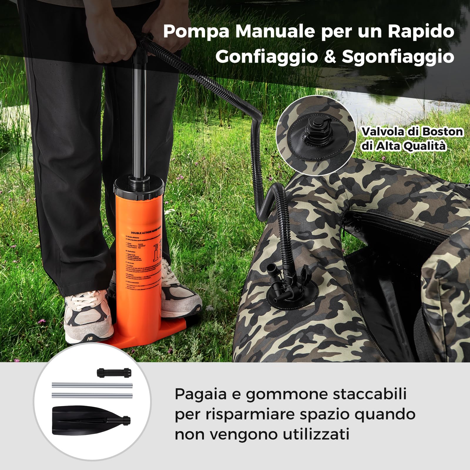 COSTWAY Belly Boat da Pesca Portatile, Gommone Gonfiabile da Pesca con Portacanne Regolabile, Pompa, Pagaia, Spallacci e Kit Riparazione, Barca da Mare con 2 Pinne, capacità 150 kg