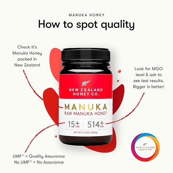 New Zealand Honey Co. Raw Manuka Honey UMF 15+ MGO 514+ | 17.6oz Family Size | High Potency Independently Tested | Monofloral New Zealand Packed, Sealed & Sourced | 500g