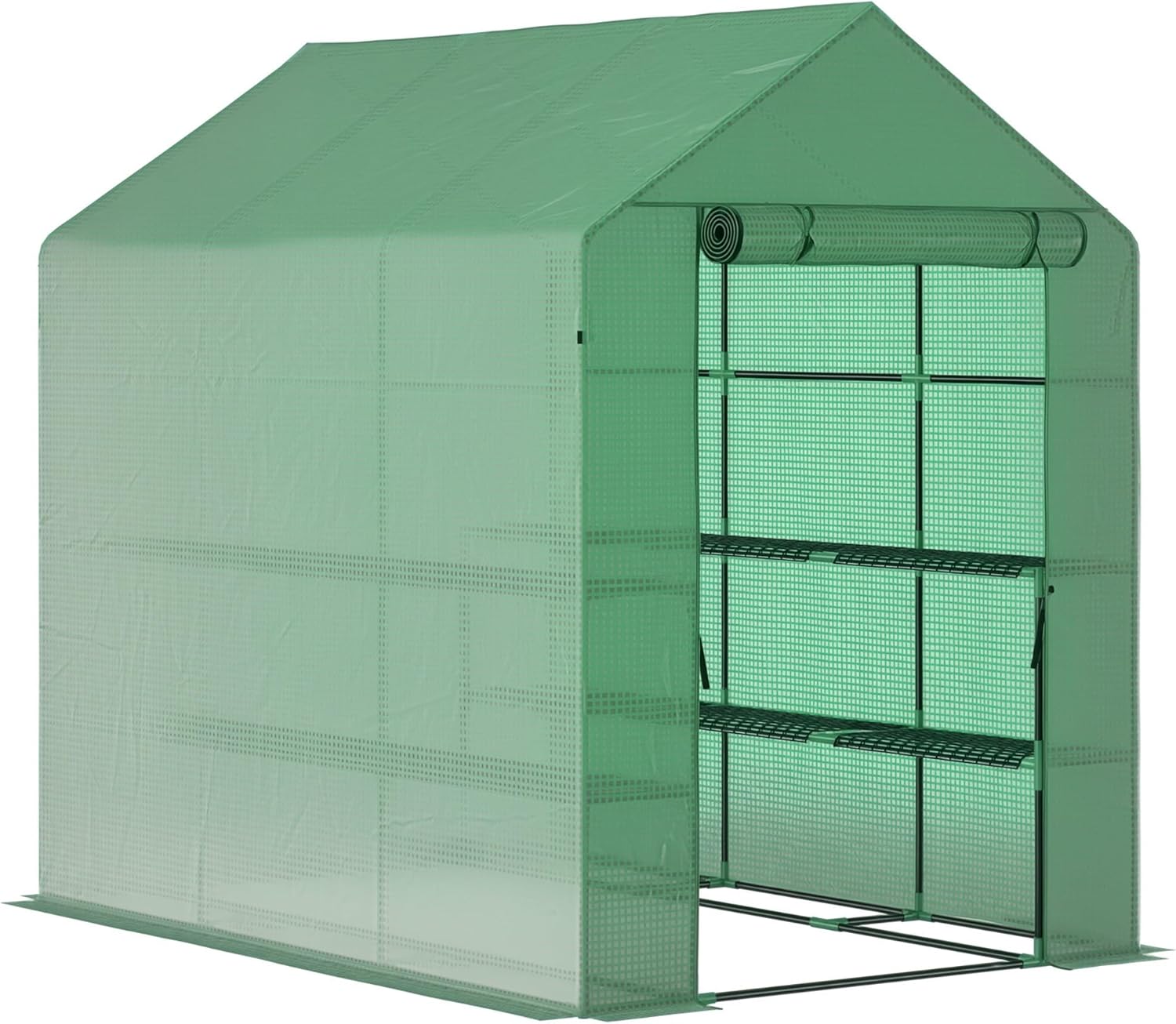 Outsunny 7' x 5' x 6' Walk-in Greenhouse for Outdoors with Mesh Door, 18 Shelf Hot House with Trellis, Plant Labels, UV Protective for Growing Flowers, Herbs, Vegetables, Saplings, Green
