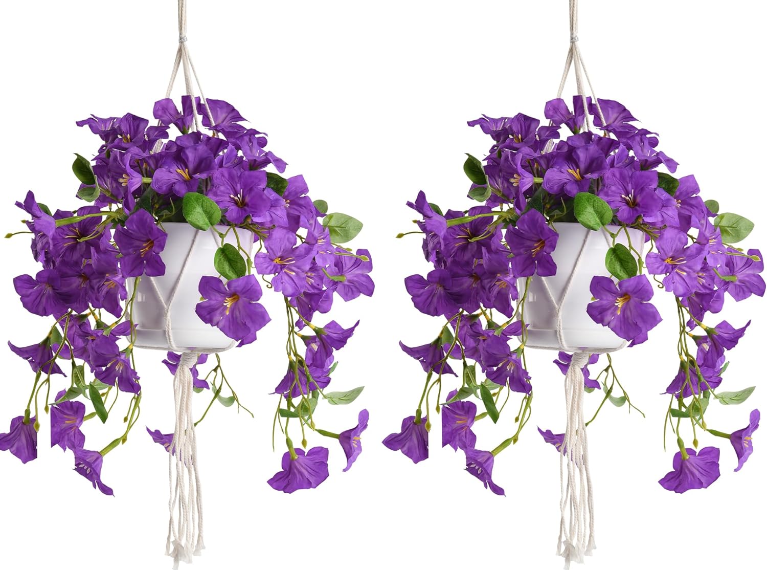 Artificial Hanging Flowers with Basket for Outdoors, 2 Pack Fake Petunia Flowers UV Resistant, Realistic Faux Hanging Plants for Home Porch Patio Garden Balcony Yard Decor (Purple)