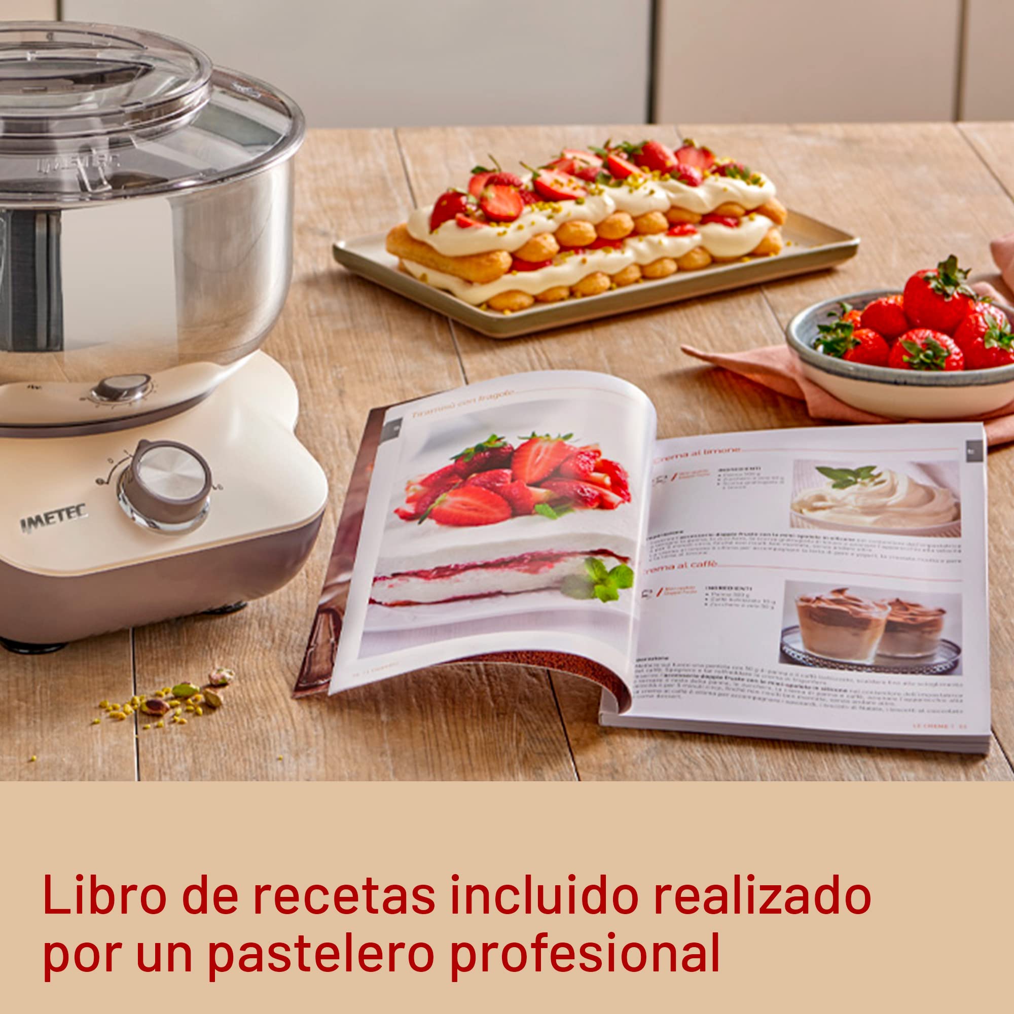 Imetec CakeLover, Batidora planetaria para dulces, Cremas y masas saladas, equipada, Compacta, 1500 W, Recipiente de acero inoxidable, 5 Litros, 6 Velocidades, Recetario, Color Negro/Beige