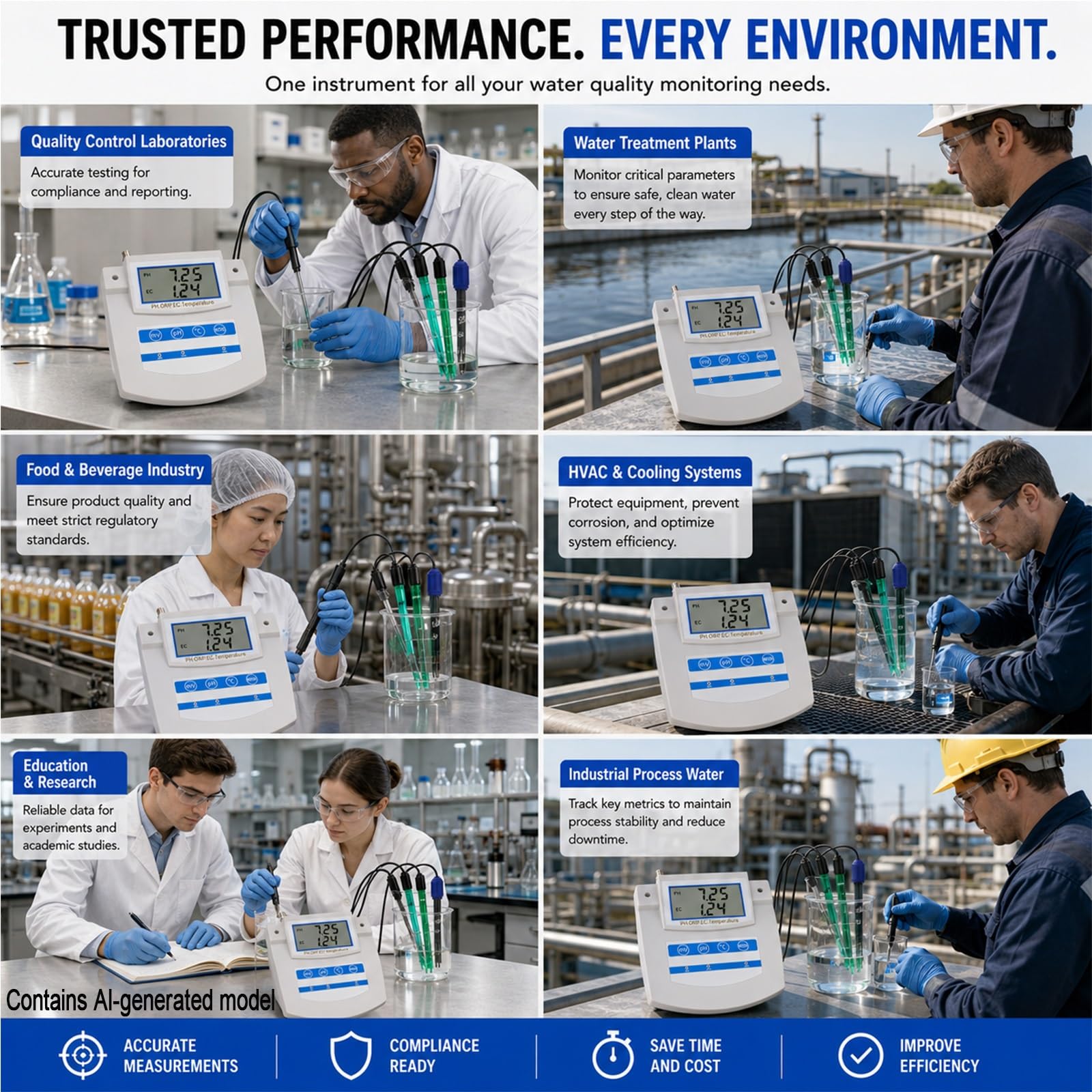 Analizzatore qualità Acqua da Banco 6 in 1 – Misuratore Industriale Multiparametrico PH ORP TDS EC CF Temperatura con ATC per Laboratorio, Controllo qualità E Monitoraggio Acqua di Processo