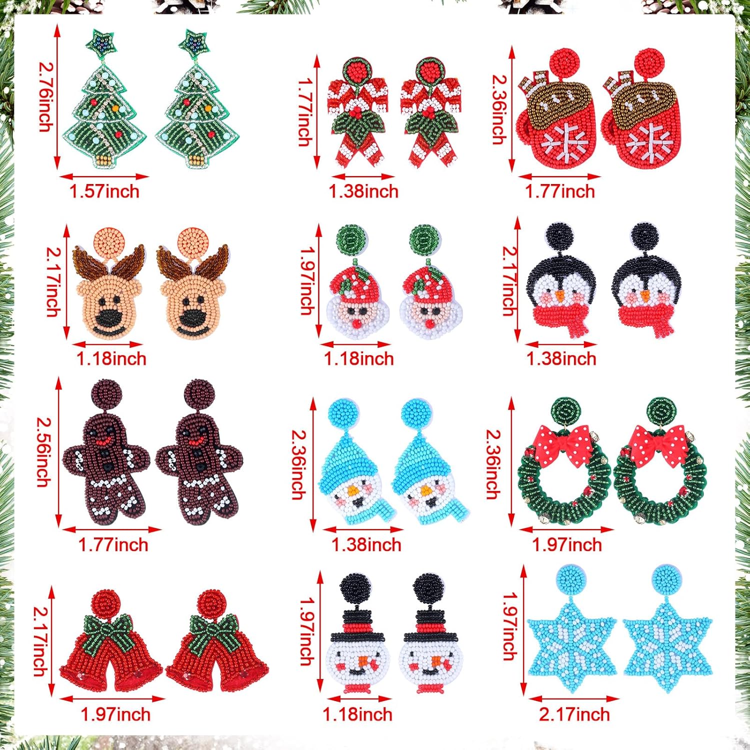 12 Pairs Christmas Earrings for Women Christmas Beaded Earrings Bulk Holiday Handmade Tree Santa Snowflake Wreath Reindeer Dangle for Party Gifts - Image 7
