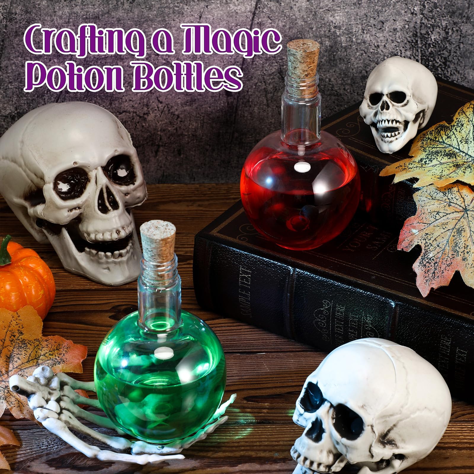 Baderke 20 Set Spherical Plastic Potion Bottles with Cork 8 oz Ball Shaped Round Sand Art Bottles with 5 Funnels Decorative Candy Jar for Halloween Sand Costume Props DIY Crafts