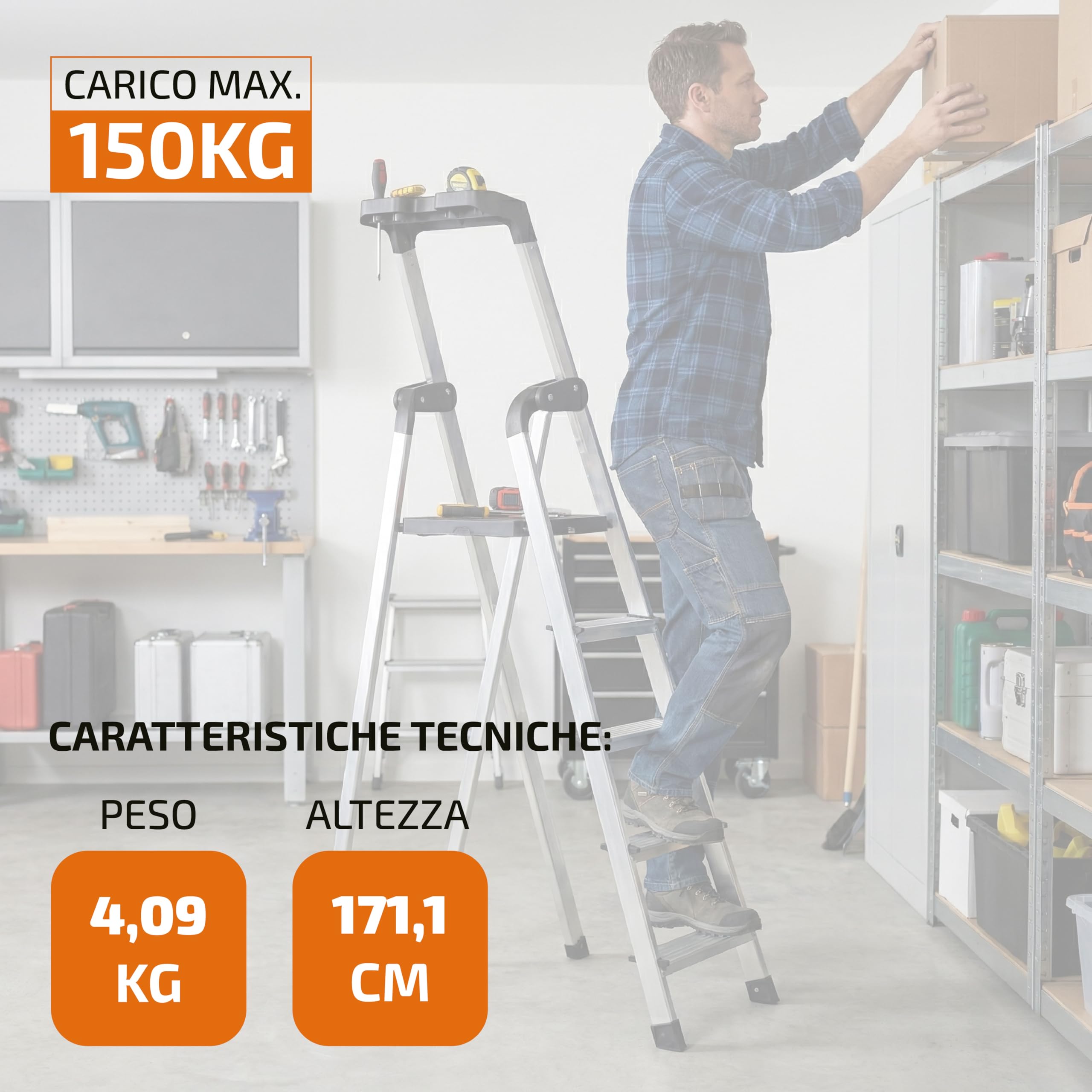 Scala Pieghevole in Alluminio a 5 Gradini con con Vassoio Portautensili Integrato || EN 131 || Portata 150kg || Struttura Robusta e Leggera per Casa, Ufficio e Fai da Te