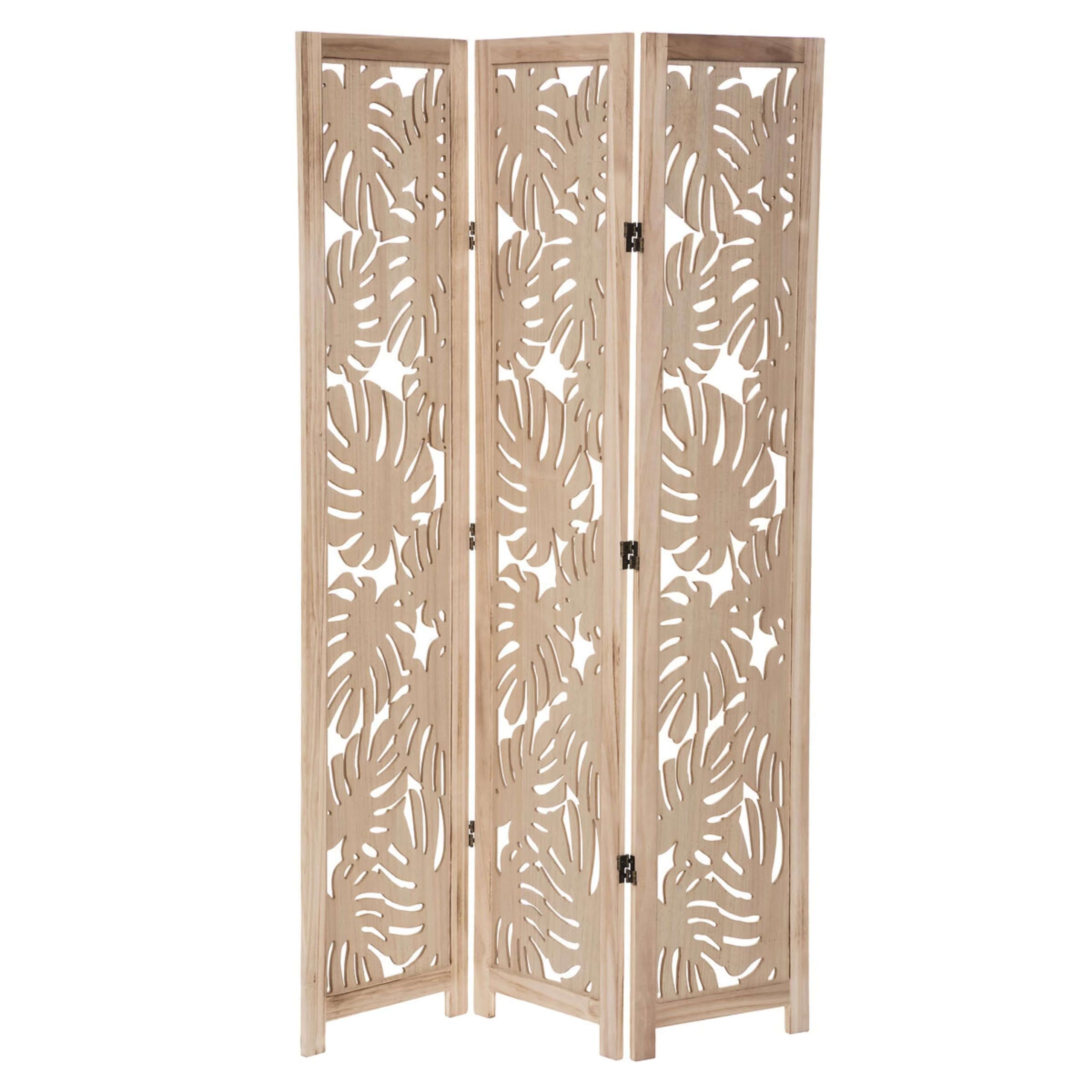 Biombo Separador De Ambientes Salón Dormitorio 3 Paneles Madera Paulownia Palm Color Roble