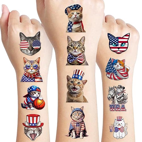 100 PCS USA Cat Temporary Tattoos American Flag Fourth of