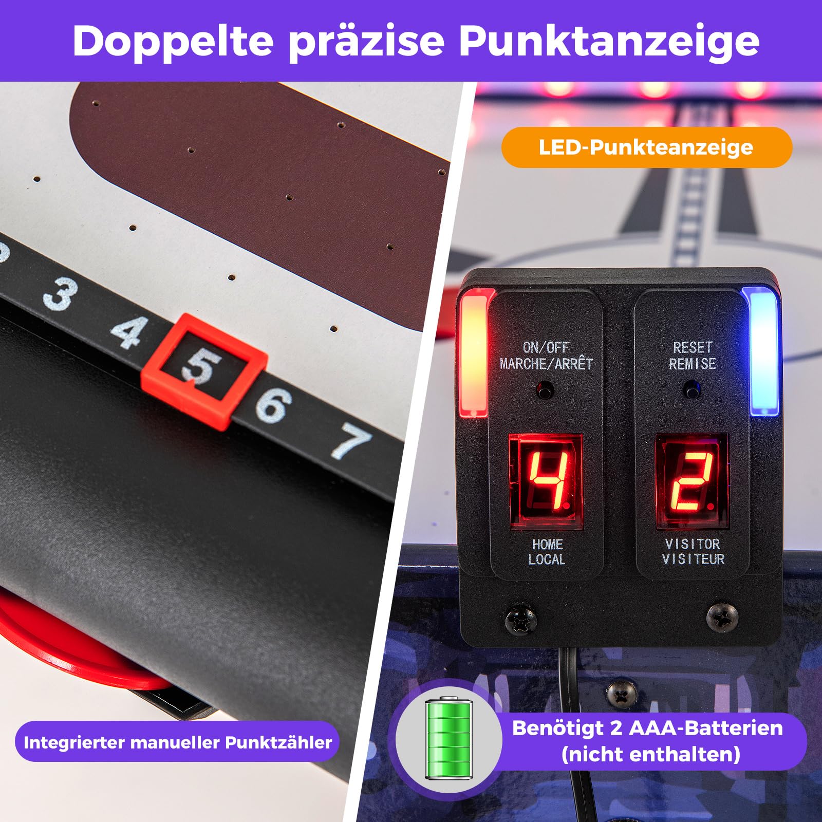 COSTWAY LED Airhockey Tisch, Air Hockey Spieltisch mit 12V Motor, 2 Schiebern & Pucks, Lufthockey elektrisch mit LED-Anzeigetafel, Tischhockey Eishockey für Kinder Erwachsene, 137 x 65 x 86 cm
