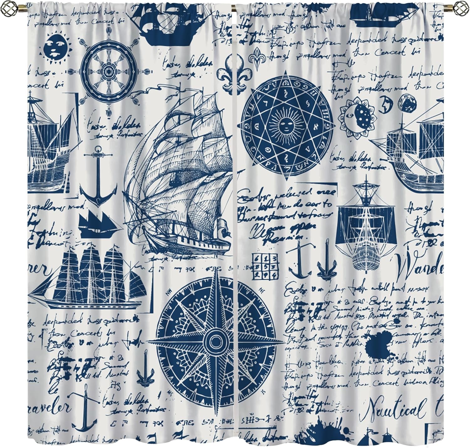 Nautical Sailboat Curtains Vintage Style Abstract Nautical Sailboat Old Manuscript Printed Living Room/Bedroom/Nursery/Coffee Shop Threaded Rod Blackout Curtains52x84in