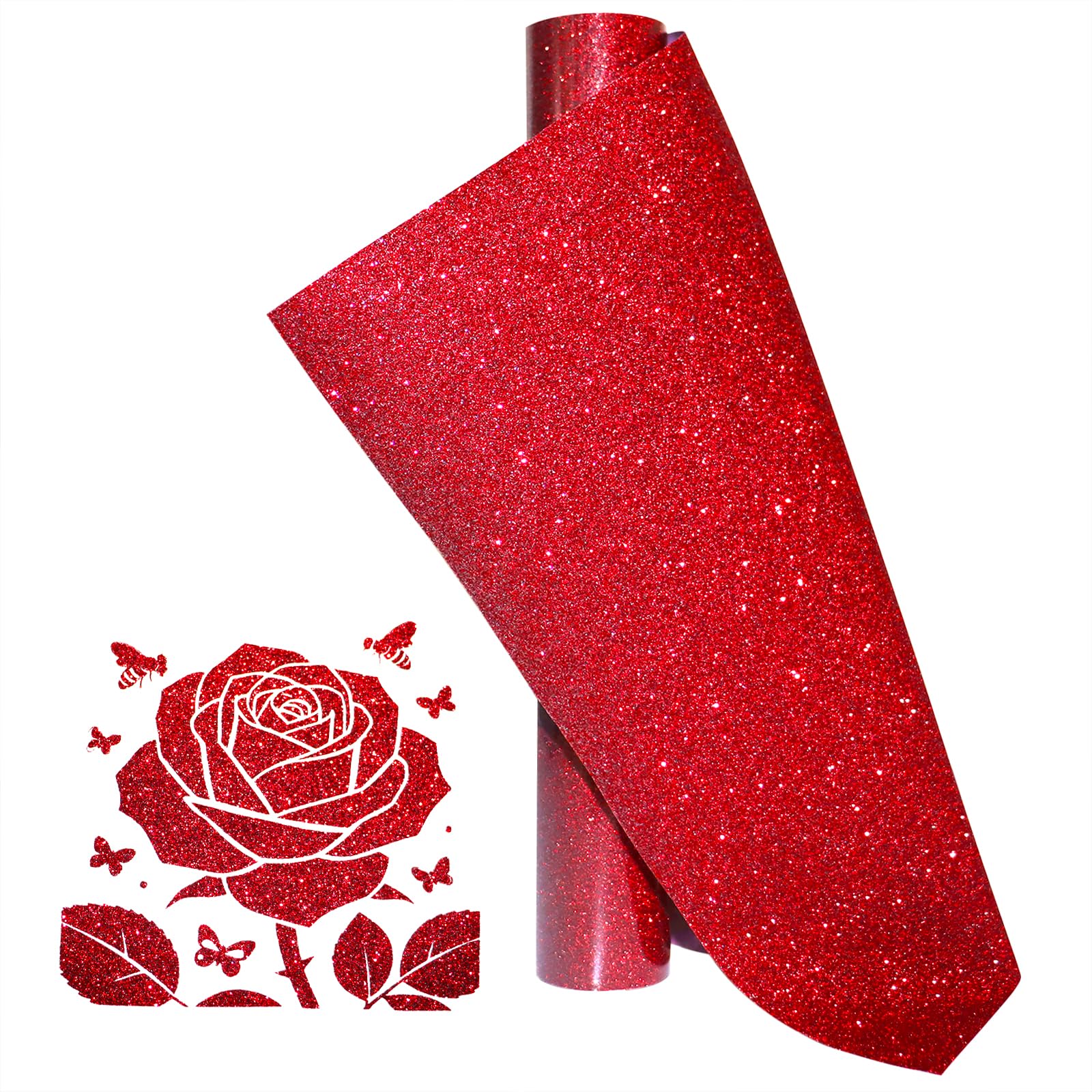 Glitter Red Heat Transfer Vinyl Roll, 12 x 5 Feet, Iron on HTV for T-Shirts, DIY Design, Silhouette Cameo, Heat Press Machine