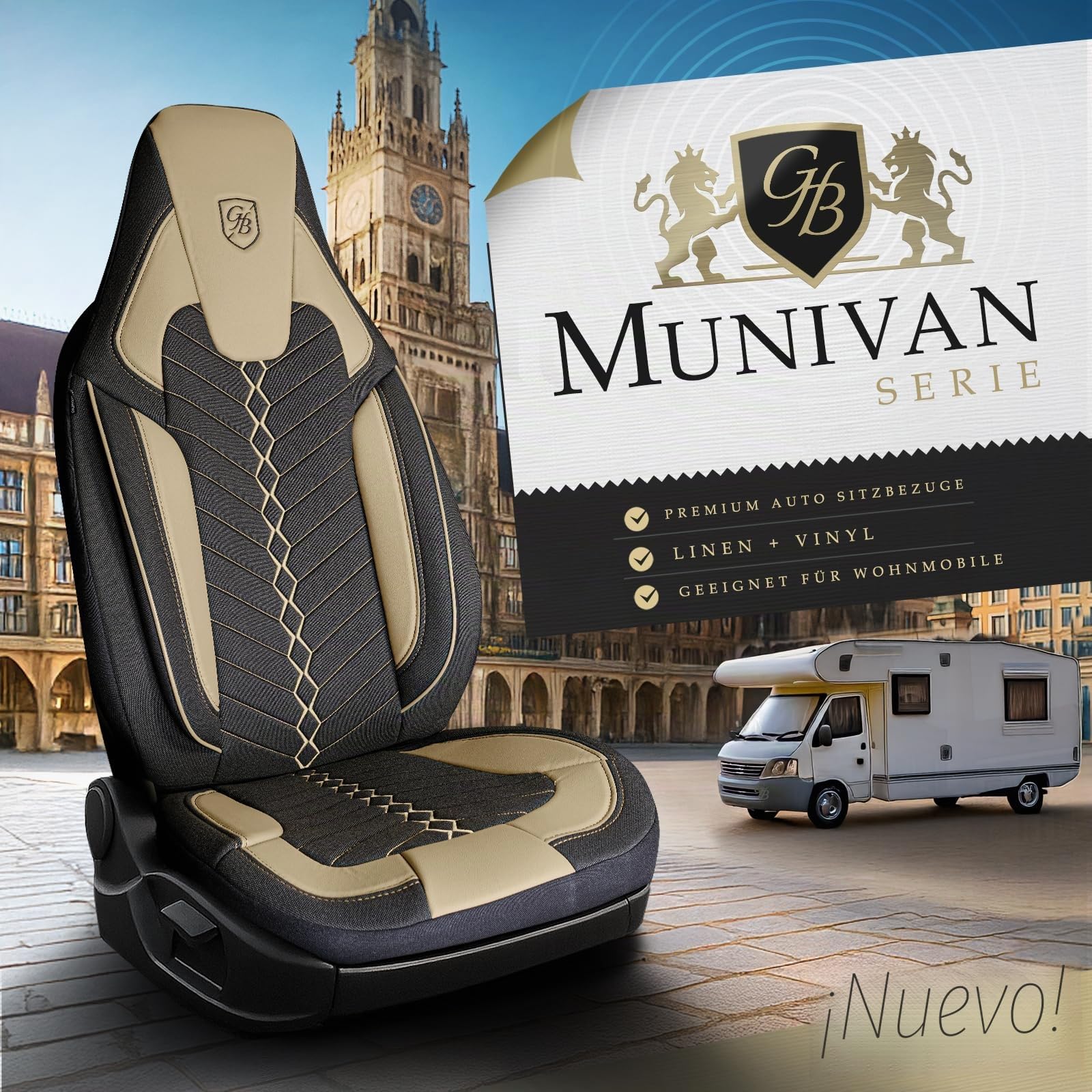 Fundas de Asiento Camper en Lino, compatibles Fiat Ducato, Citroën Jumper, Peugeot Boxer, Asientos Delanteros Conductor & acompañante, Camper & Caravana, Negro-Beige
