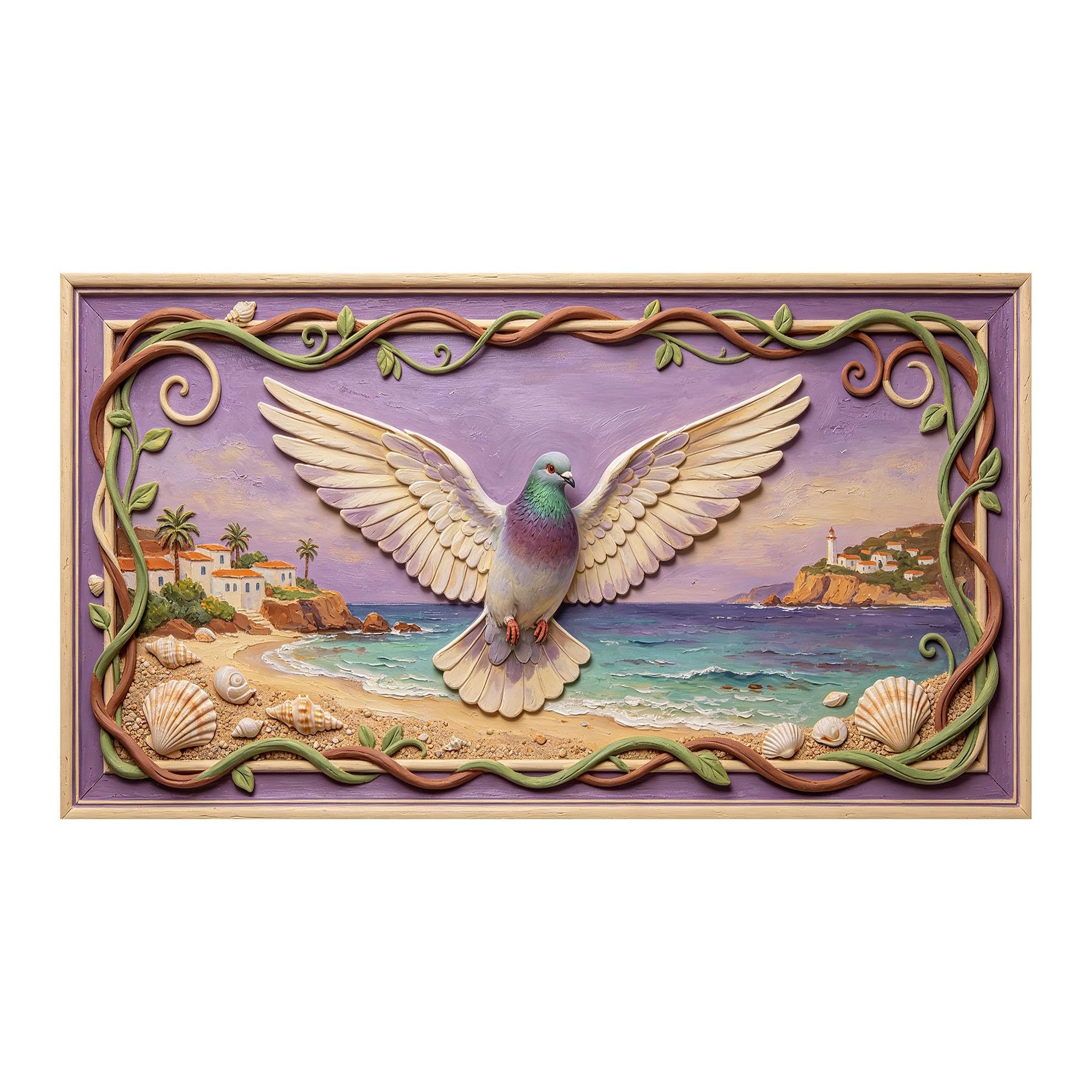 Yzpallescene 3D 3D Framed Wall Art 50cm×90cm Seaside Dove Mediterranean Coastal Relief Effect Large Size SelfAdhesive Removable Wall Decor Prints Artwork for Living Room Bedroom Office