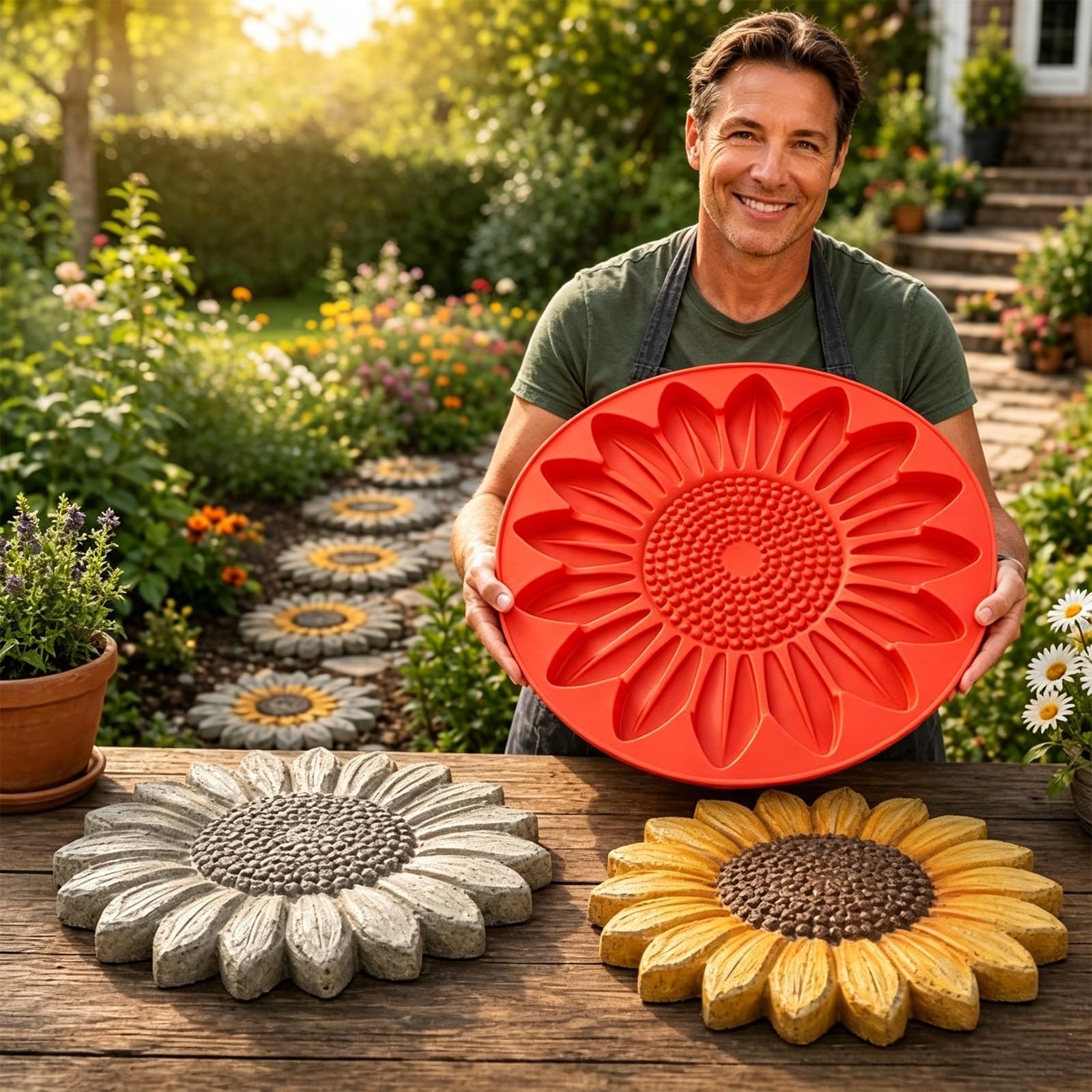 Reusable Sunflower Stepping Stone Mold for Garden Path Paver，Sunflower：15.7 x 15.7 x 0.98 inches