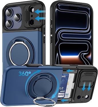 LEKEVO Wallet for iPhone 17 Pro Max Case with Card Holder, Slide Camera Lens Cover, 360 Magnetic Stand, Hard PC Back TPU Frame Phone Cover for iPhone 17 Pro Max, Blue