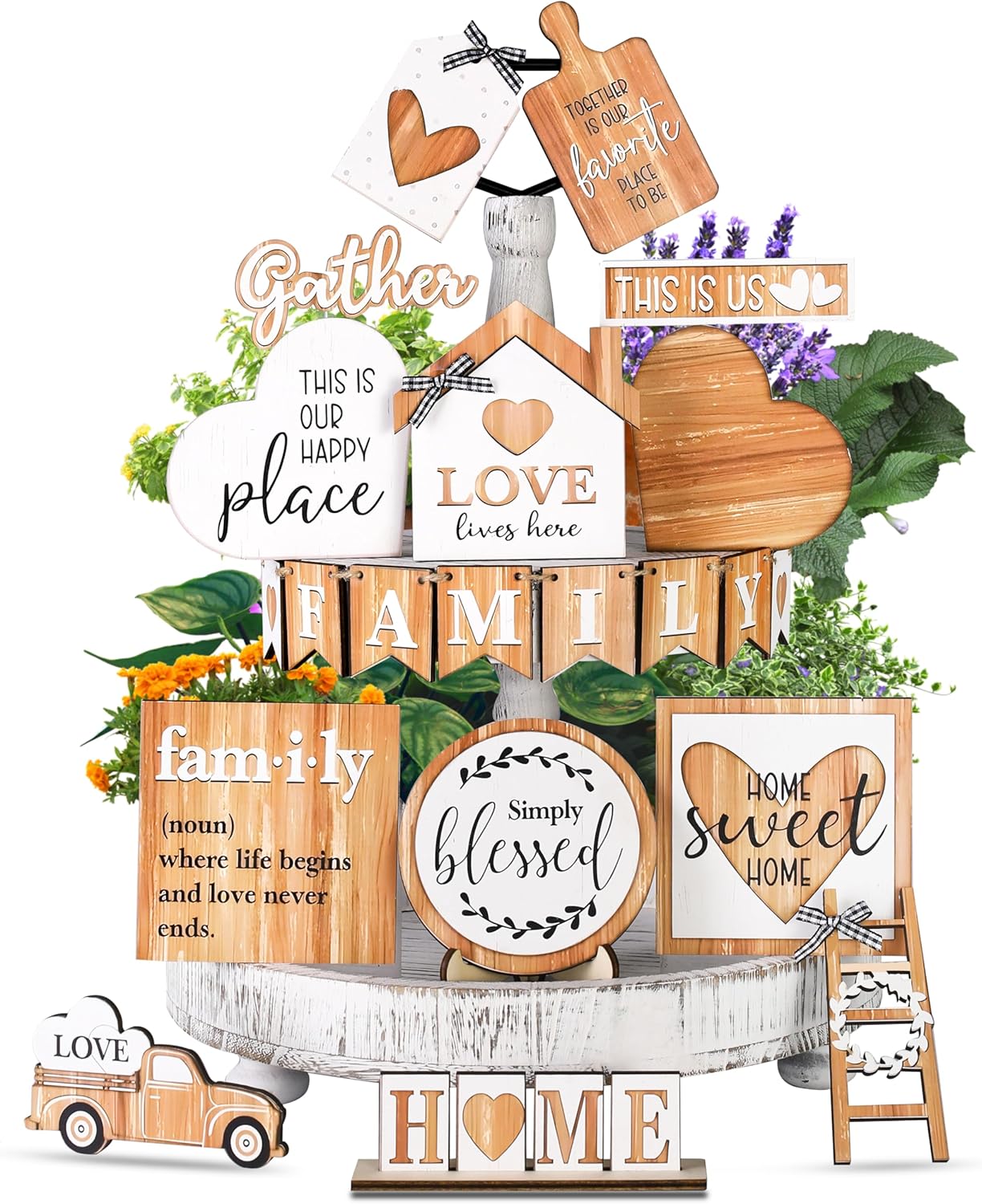 Farmhouse Tiered Tray Decor Set, 21 Pcs Rustic Small Signs for Wooden Decorative Tray Kitchen Home Decor for Centerpiece Table, Living Room, and Coffee Bar Shelf Decorations