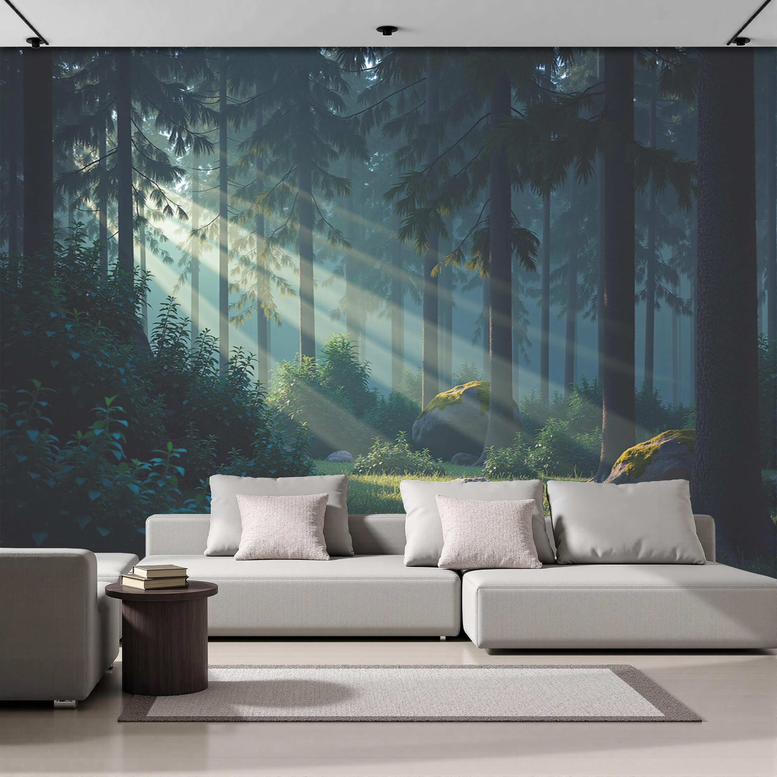 Papel pintado panorámico 3D verde bosque amanecer para una sala de estar relajante