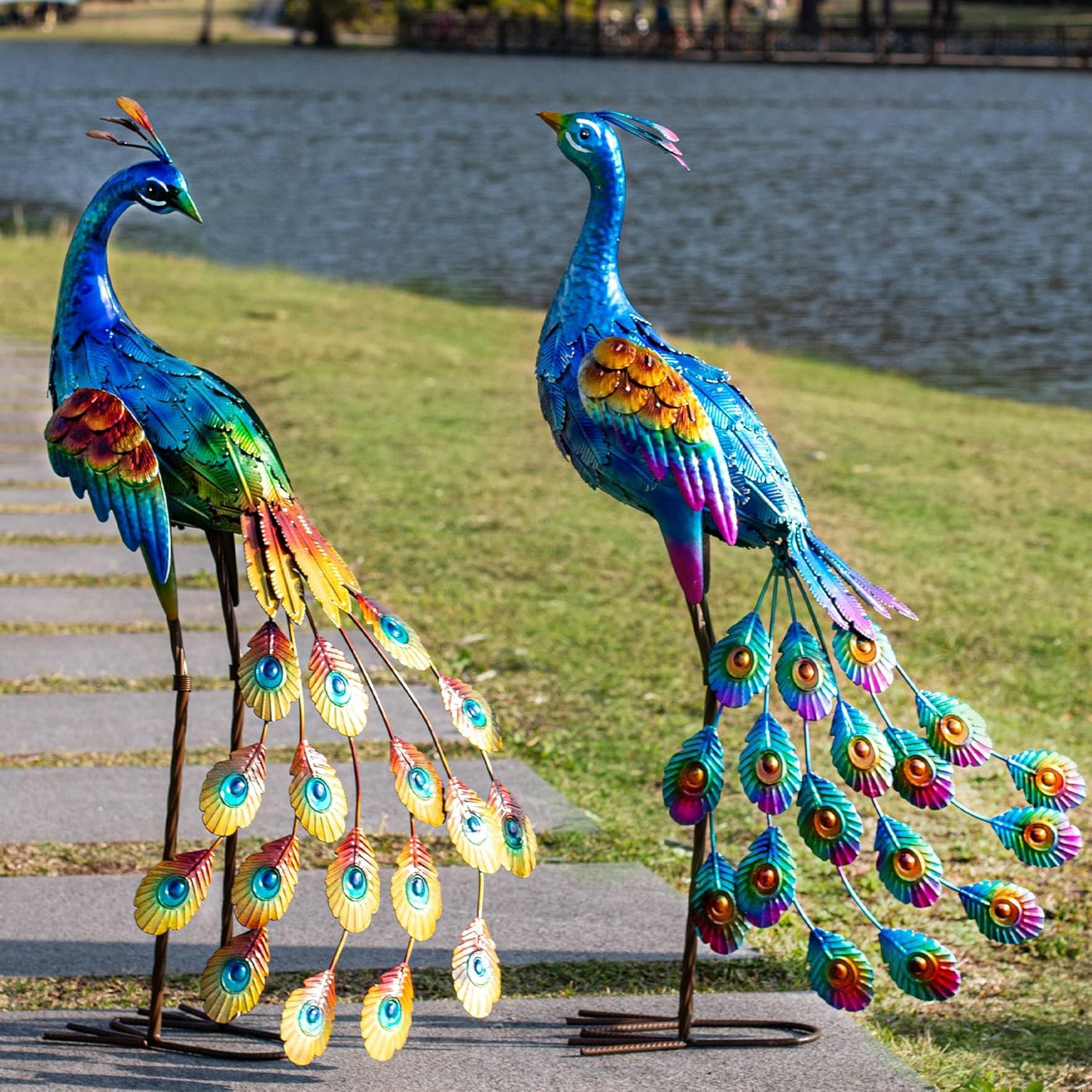 Kircust Peacock Garden Statue and Sculpture, Metal Peacocks Yard Art Lawn Decor, Large Birds Garden Sculptures & Statues for Patio Backyard Pond Home Decoration Multicolor