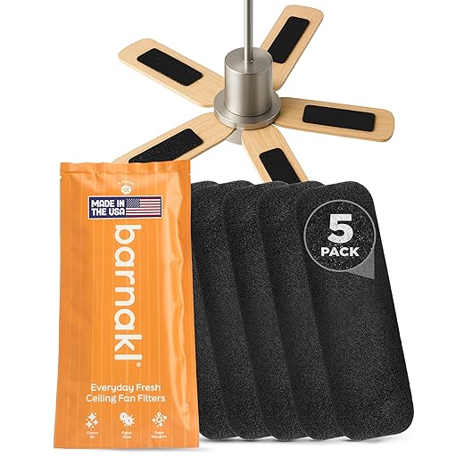 Barnakl Ceiling Fan Air Purifier Pads, Activated Coconut Shell Carbon Fan Filters Trap Dust, Odors & Allergens, Easy-Stick Universal Fit for Ceiling Fan Blades, Odorless & Unscented - (5 Count)